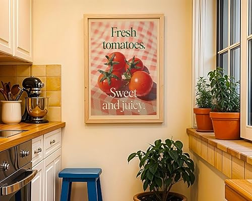 VUVUKU Fresh Tomatoes Kitchen Print - Retro 90s Food Poster  Tomato Wall Art for Italian Restaurant, Cafe & New Home Gift