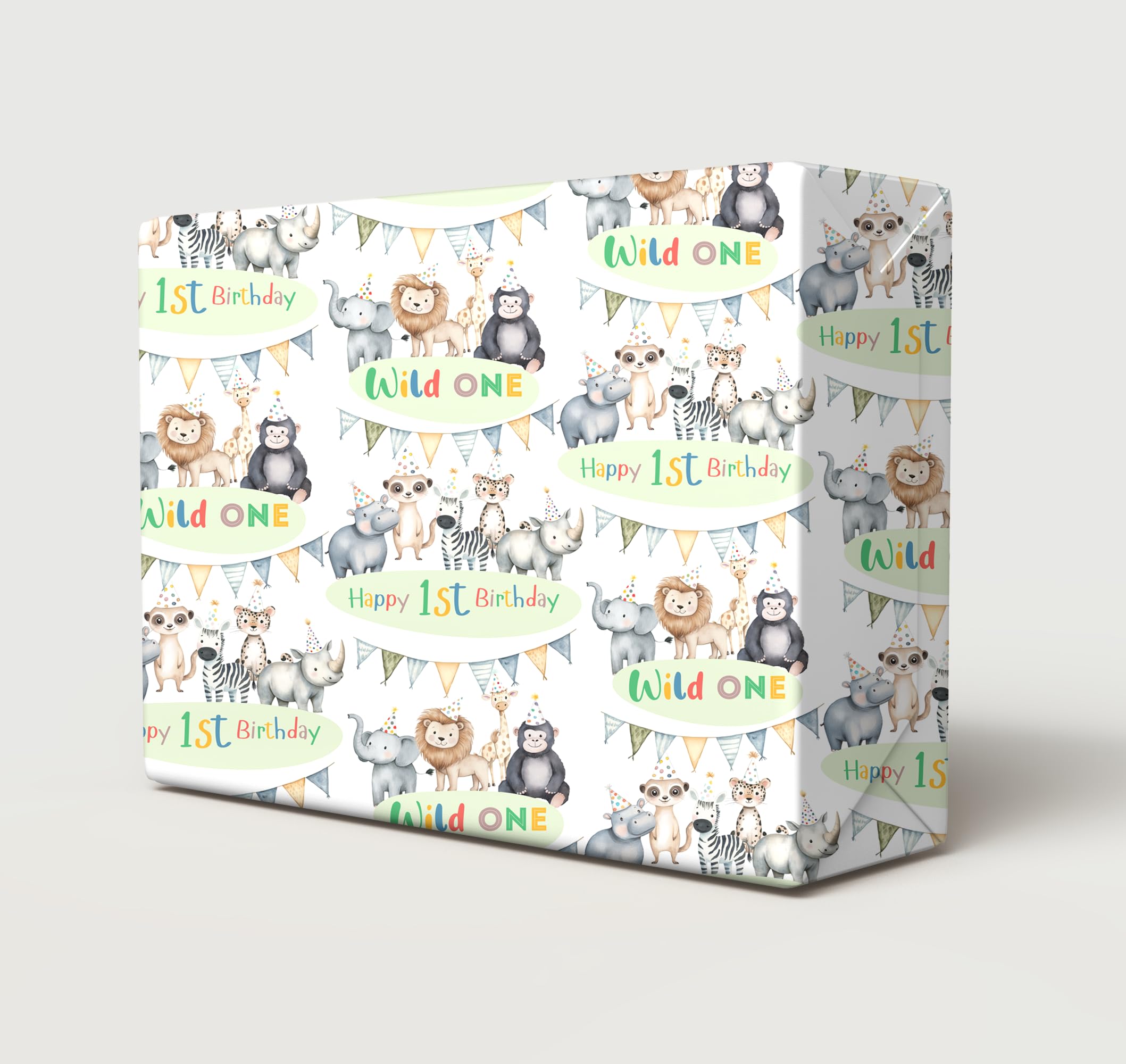 2 Sheets 2 Tags 1st Birthday Wild One Multi Coloured Jungle Animals Party Bunting Theme Boy Girl Unisex Wrapping Paper Age 1 Cute Fun Attractive Birthday Giftwrap (PA)