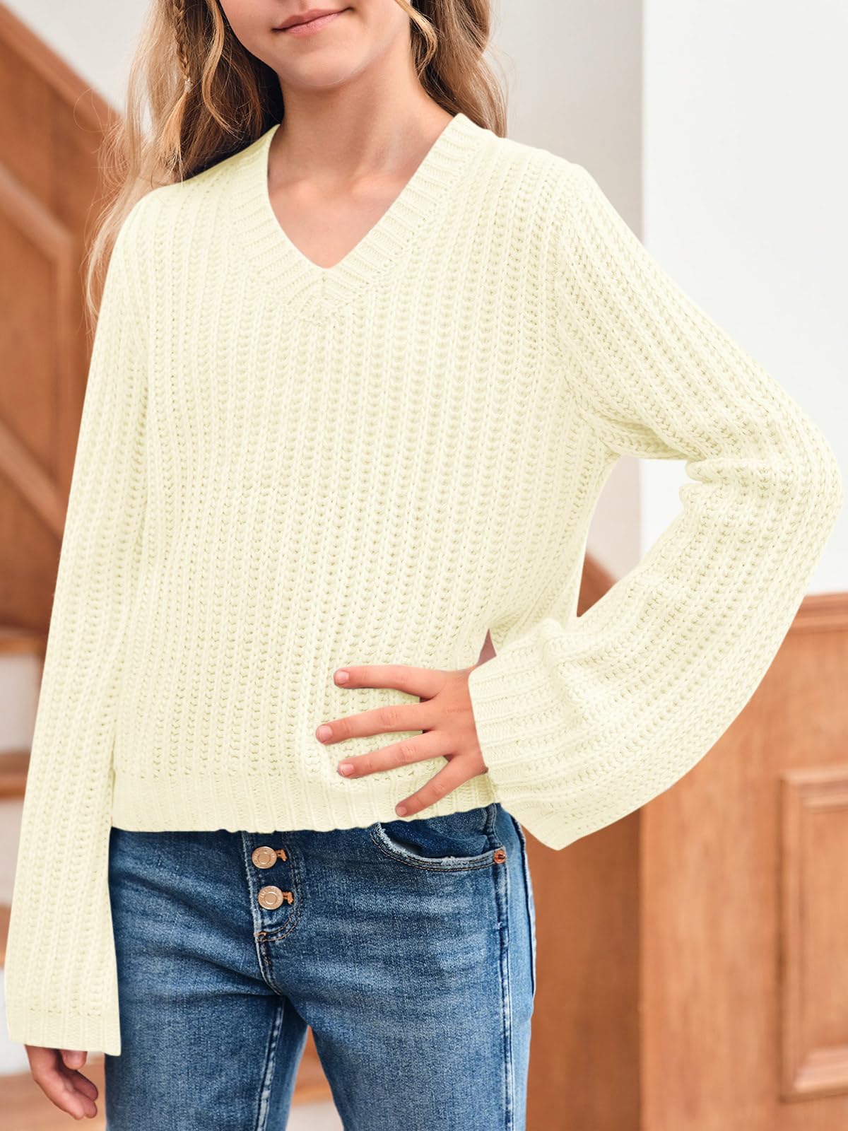 Haloumoning Maglione da Ragazza, con Scollo a V, Leggero, per Bambini, in Tinta Unita, a Maniche Lunghe, Lavorato a Maglia