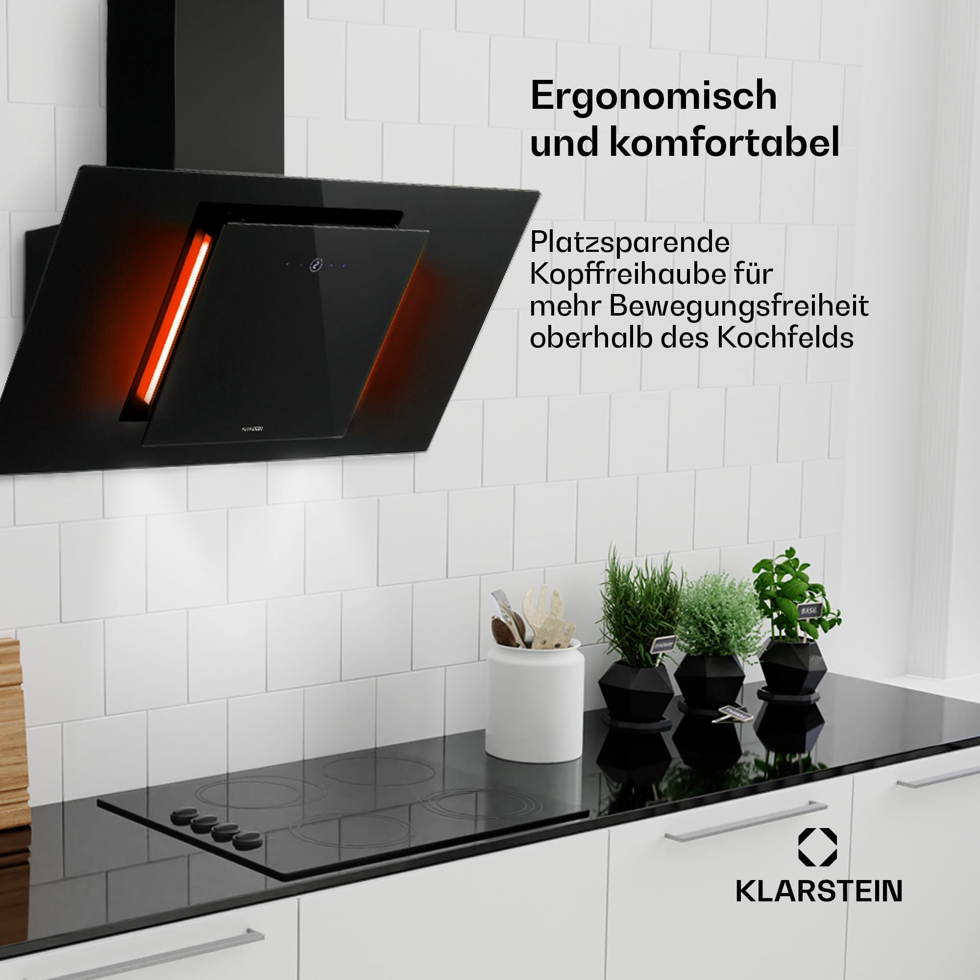 Klarstein Eleonora - Okap skośny, Klasa energetyczna A++, Wydajność wyciągu: 420 m³/h, Sterowanie dotykowe, Podświetlenie RGB, 59 dB, Recyrkulacja i wyciąg, Filtr przeciwtłuszczowy, 90 cm, czarny