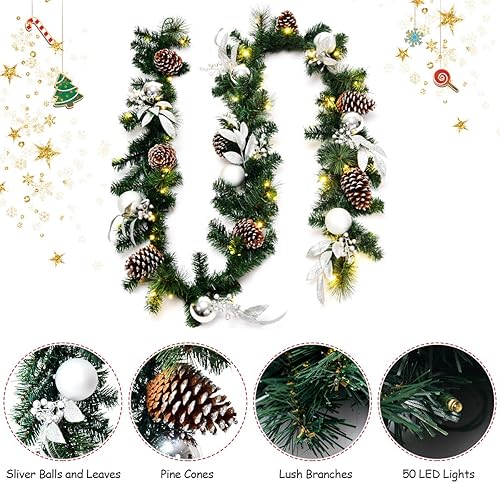 Miniatura 9 de Goplus Guirnalda de Navidad preiluminada de 9 pies, ratán de pino artificial de Navidad con temporizador, 50 luces LED y bayas rojas, ideal para