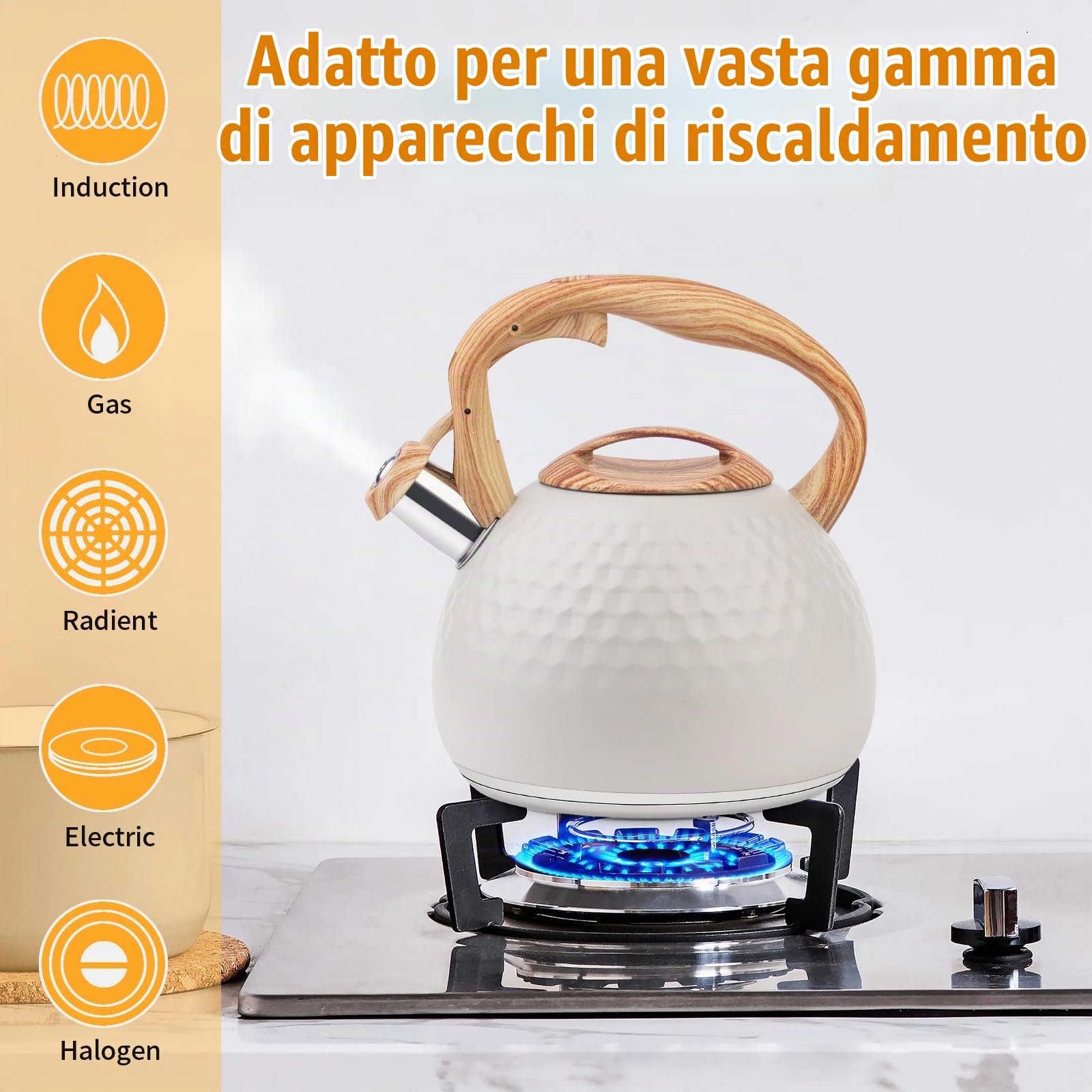 Bollitore moderno da 3 l, a induzione, in acciaio inox, per tutti i piani cottura, bollitore a fischio con manico in vena di legno, bollitore per tè caffè, beige