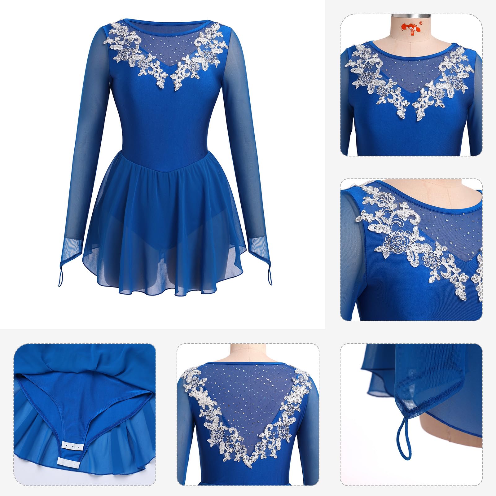 Odasod Eiskunstlaufkleid für Damen, Strass-Stickerei, Netzstoff, langärmelig, Gymnastikanzug, Wettkampf, Übung