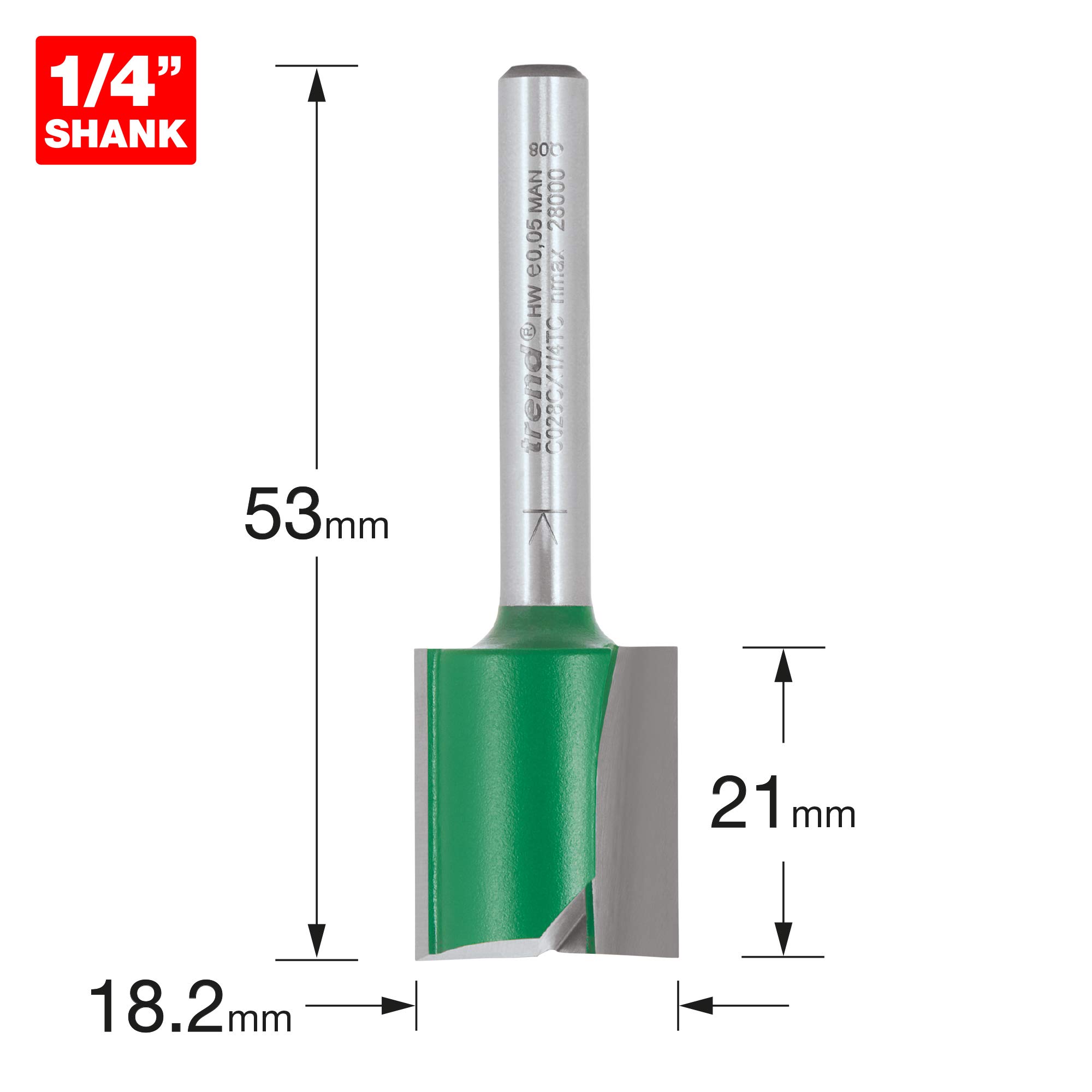 Trend Frez prosty 2 ostrza Ø18,2x21 mm, chwyt 1/4 TCT do drewna | Węglik wolframu TCT: czyste frezowanie drewna i kompozytów, Ø18,2 mm, 21 mm, C028CX1/4TC