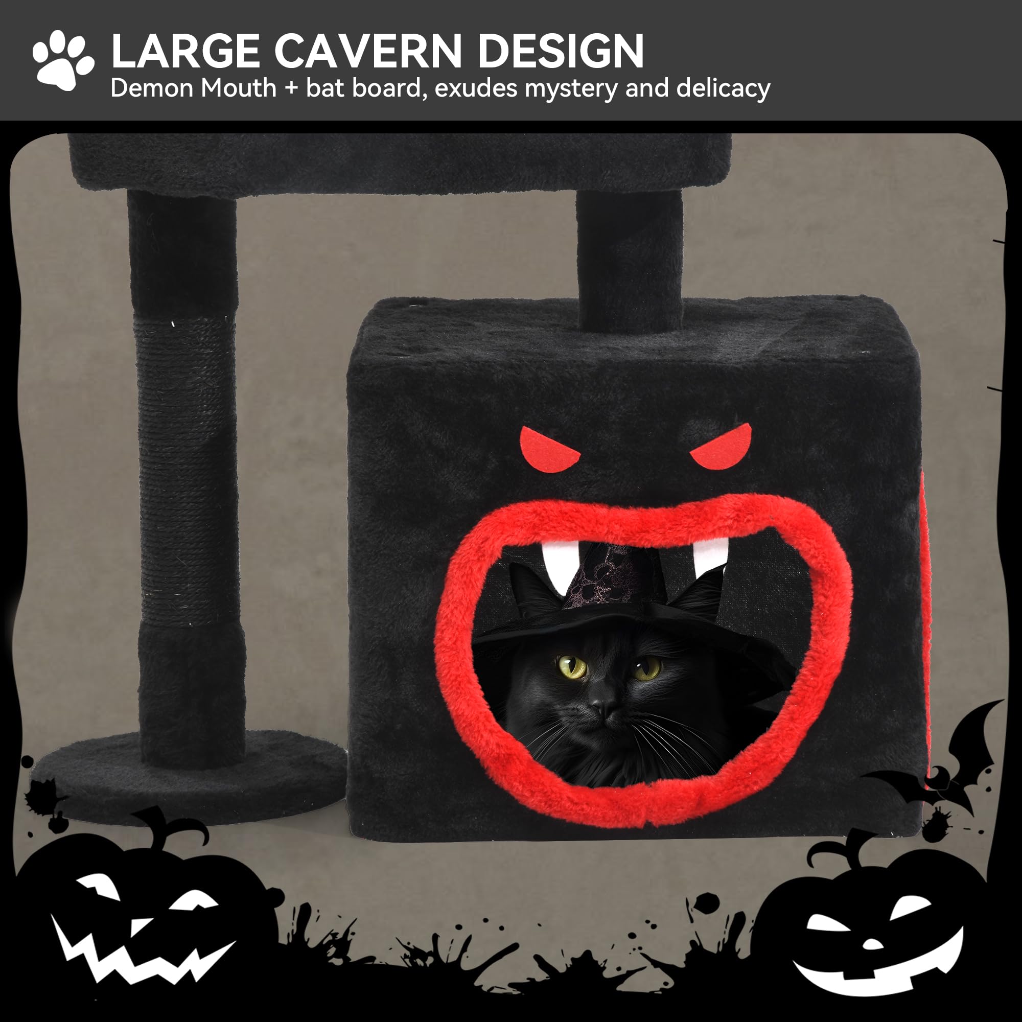 YITAHOME 38.5in Gothic Cat Tree: Indoor Kitten Tower with Coffin Bed Featuring Spacious Condo, Spider Hanging Ball, Scratching Post, Black Halloween