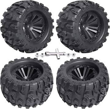 2.8'' Tires and Wheels 12mm Hex Pre-Glued 1/10 Monster Truck Tyres Sets for 1/10 Traxxas Rustler Stampede Redcat Volcano Epx S30 Blackout XTE Off-Road Cars Models, Set of 4