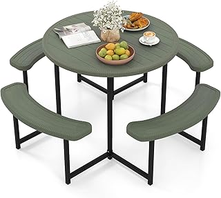 Costway Round Picnic Table Bench Set, Outdoor Circular Picnic Table with 4 Benches, Umbrella Hole, Metal Frame & All Weath...