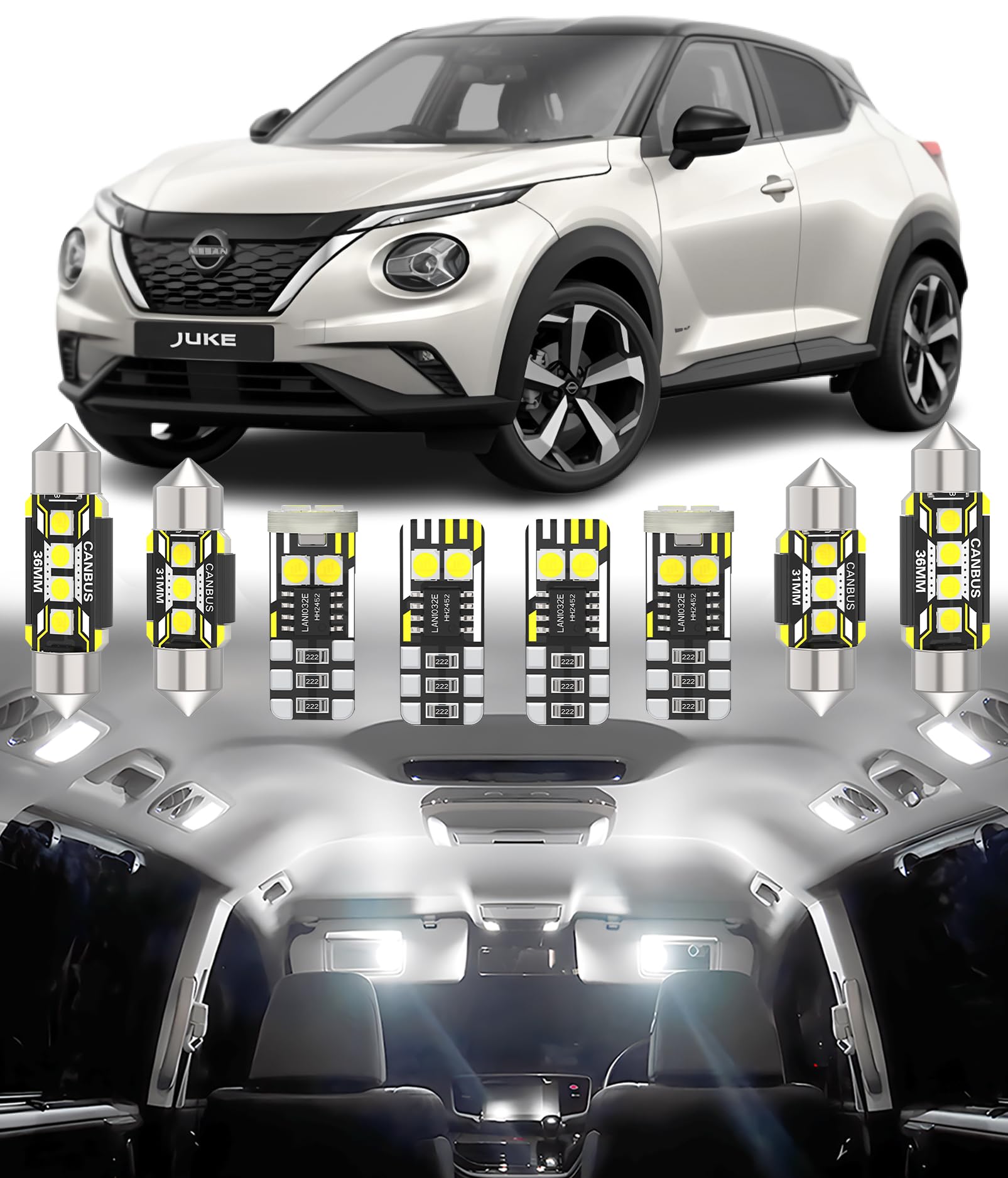 BMT xms 6pz Kit di Luci LED per Interni per Nissan Juke F15 F16 2010-2024, Lampadine LED per Interni Auto e Camion 6000K Bianco Luminoso