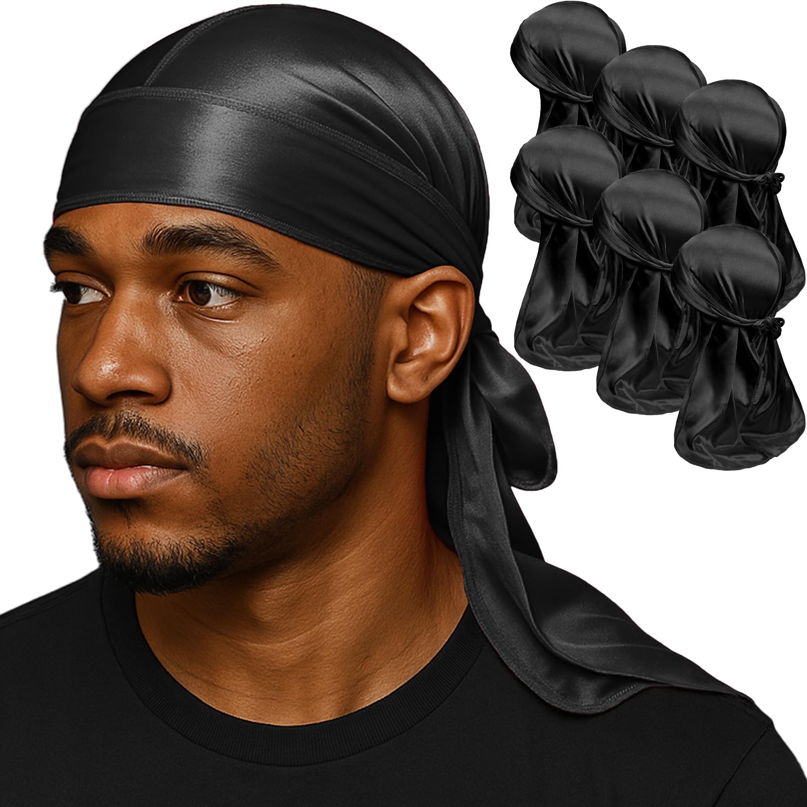 6PCS Silky Durags for Men Wave Satin Doo Rags for 360 540 720 Waves Black