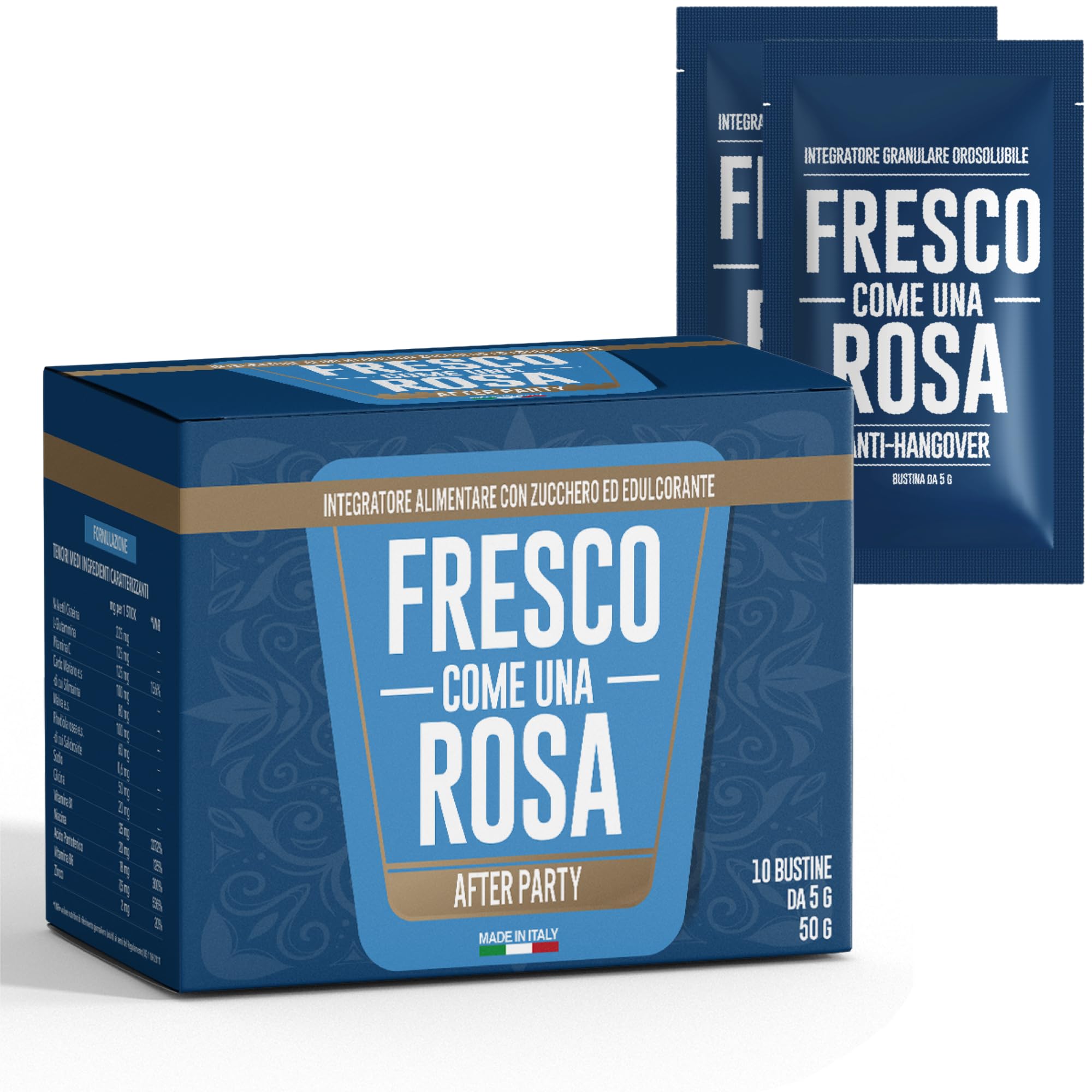 FRESCO COME UNA ROSA - Allevia i Postumi da Sbornia - Integratore Anti Hangover - Riduce Mal di Testa, Nausea e Bruciore di Stomaco - 10 Bustine