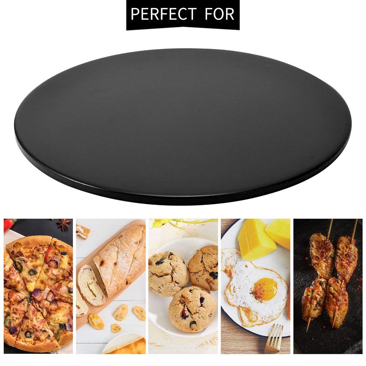 Pizzastein für Ofen, Grill, schwarze Glasur, BBQ, Backstein, rund, Keramik, fleckenfrei, Brotform (schwarz, 33 cm)