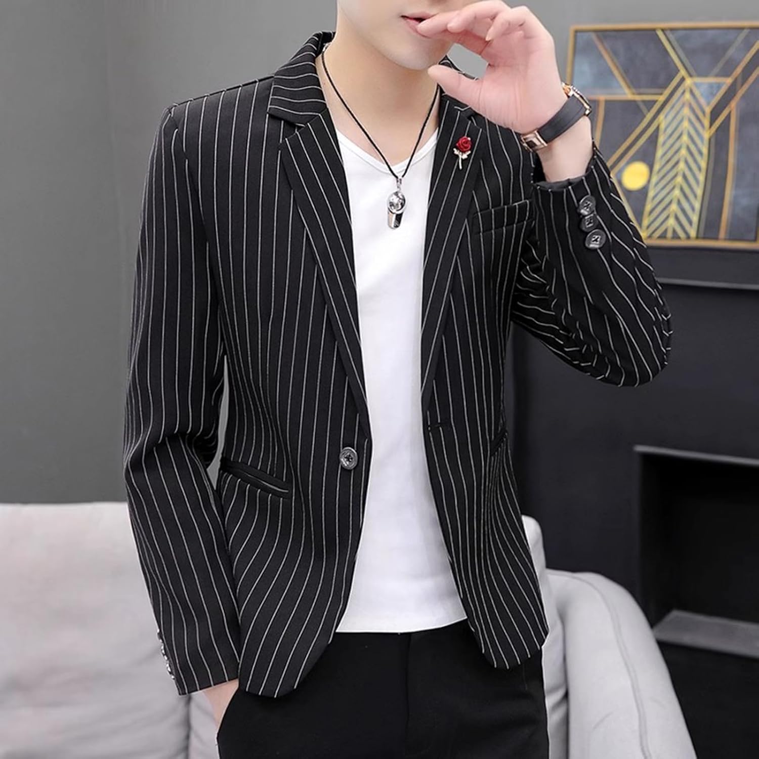 [ＭｅｎｇＦａｎ] テーラードジャケット メンズ スーツジャケット ストライプ ファッションカジュアルスーツ おしゃれ アウター ビ