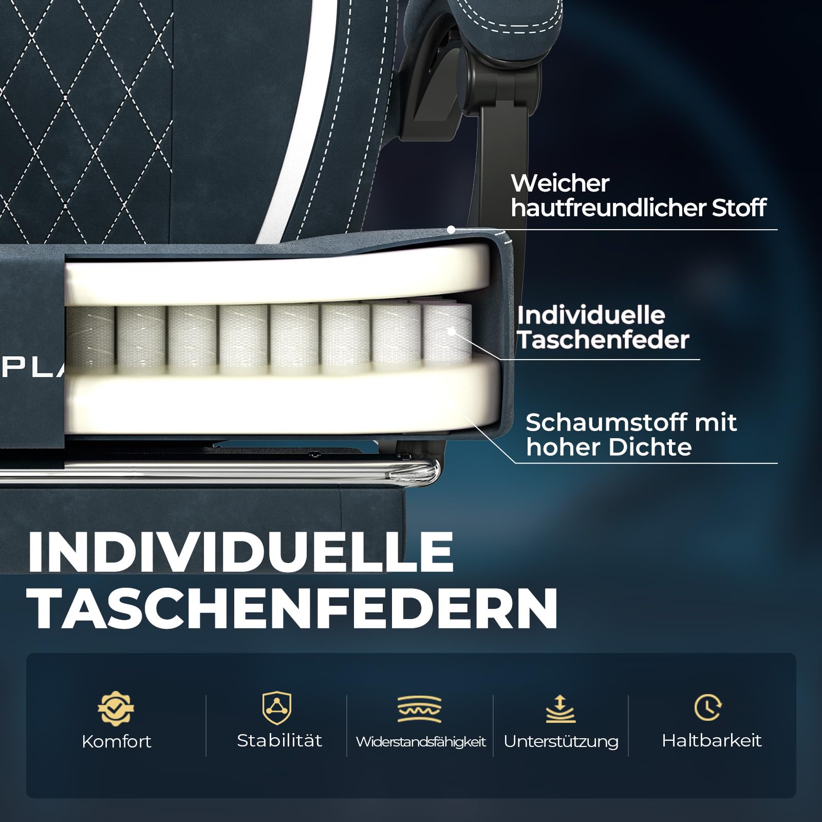 GTPLAYER Sedia da Gaming in Tessuto, Sedia da Ufficio con Supporto Lombare Integrato, da Ufficio, con Cuscino a Molla e Poggiapiedi, Schienale Ispessito, ergonomica per blu