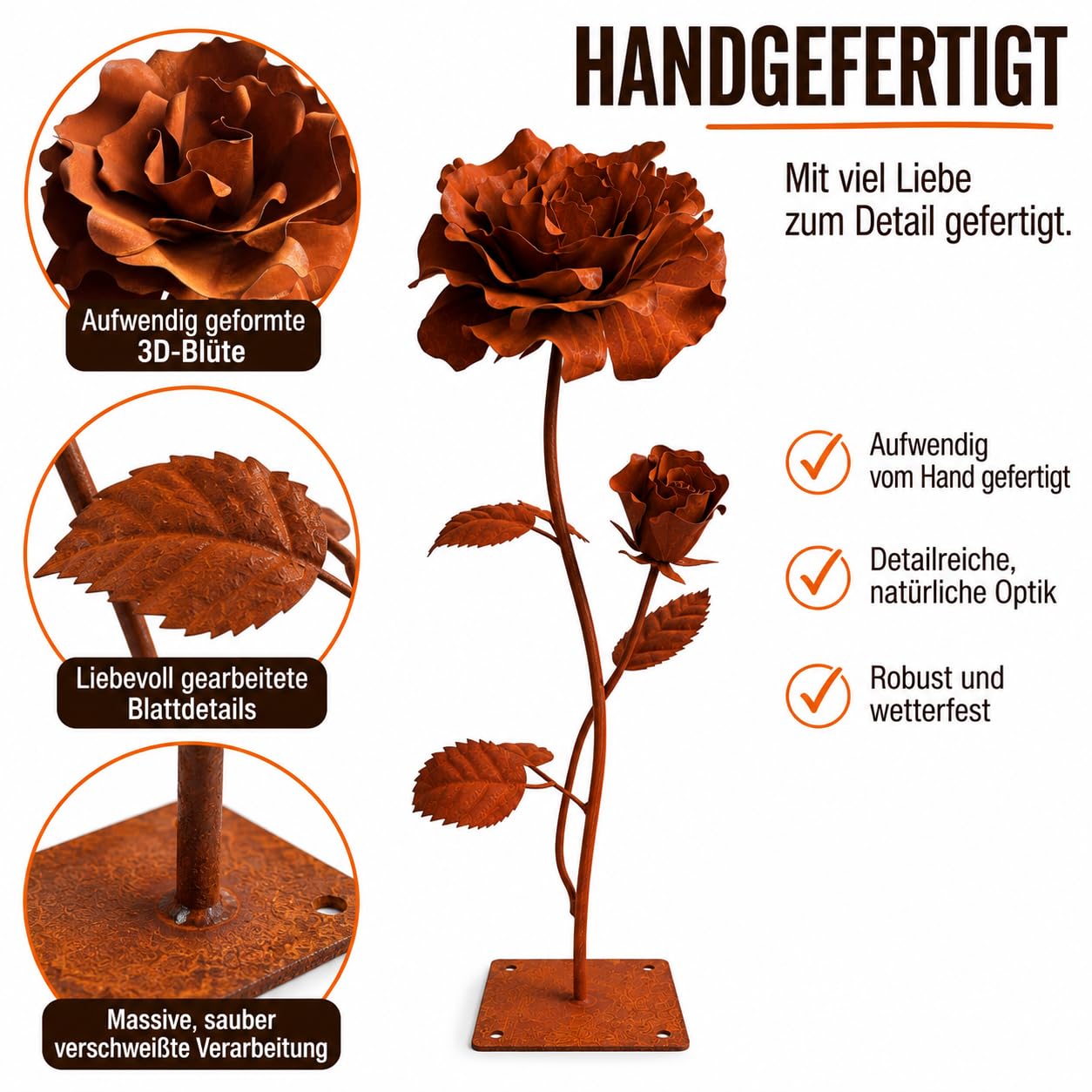 Terma Rost 3D Rose XXL 120 cm Höhe Rostblume Gartendeko rost Gartenfigur groß Metallfigur Garten Schild Dekostecker Rostgartendeko rostdeko Gartendeko Metall deko Metallstecker Edelrost
