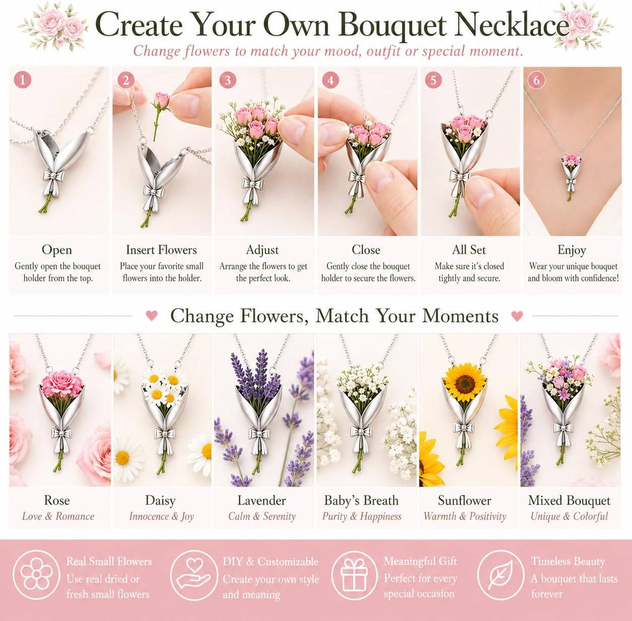 Roe Dolph Flower Holder Necklace Bouquet Pendant Necklace Creative Flower Vase Necklaces Kawaii Aesthetic Silver Floral Holder Jewelry Teacher Bride Bridesmaid Gift DIY Jewelry