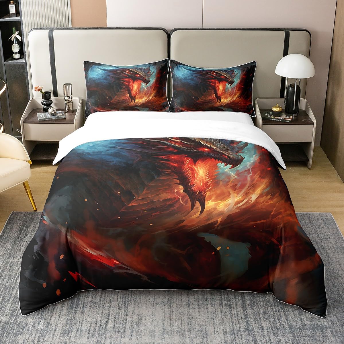 EIS und Feuer Drachen 100% Natürliche Baumwolle Bettbezug Mysteriöse Fliegende Drachen Tröster Bezug Drachen Liebhaber Bettwäsche Set 135x200.1 Bettbezug 1 Kissenbezug