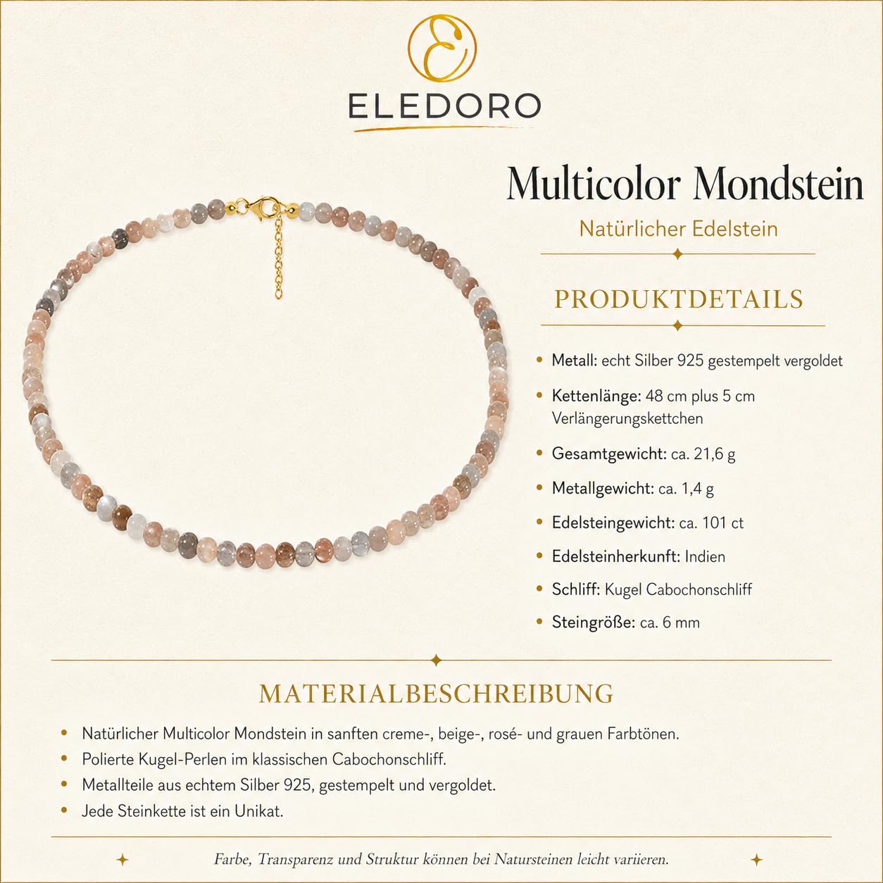 Mondstein Edelsteinkette Damen mit 925 Silberverschluss