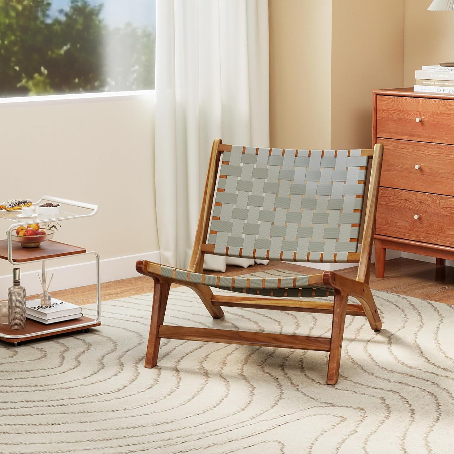 Tangkula Patio Teak Wood Chair Set of 4, Outdoor Mid-Century Accent Chair with Nylon Webbing Seat & Back, for Backyard, Porch, Balcony or Poolside