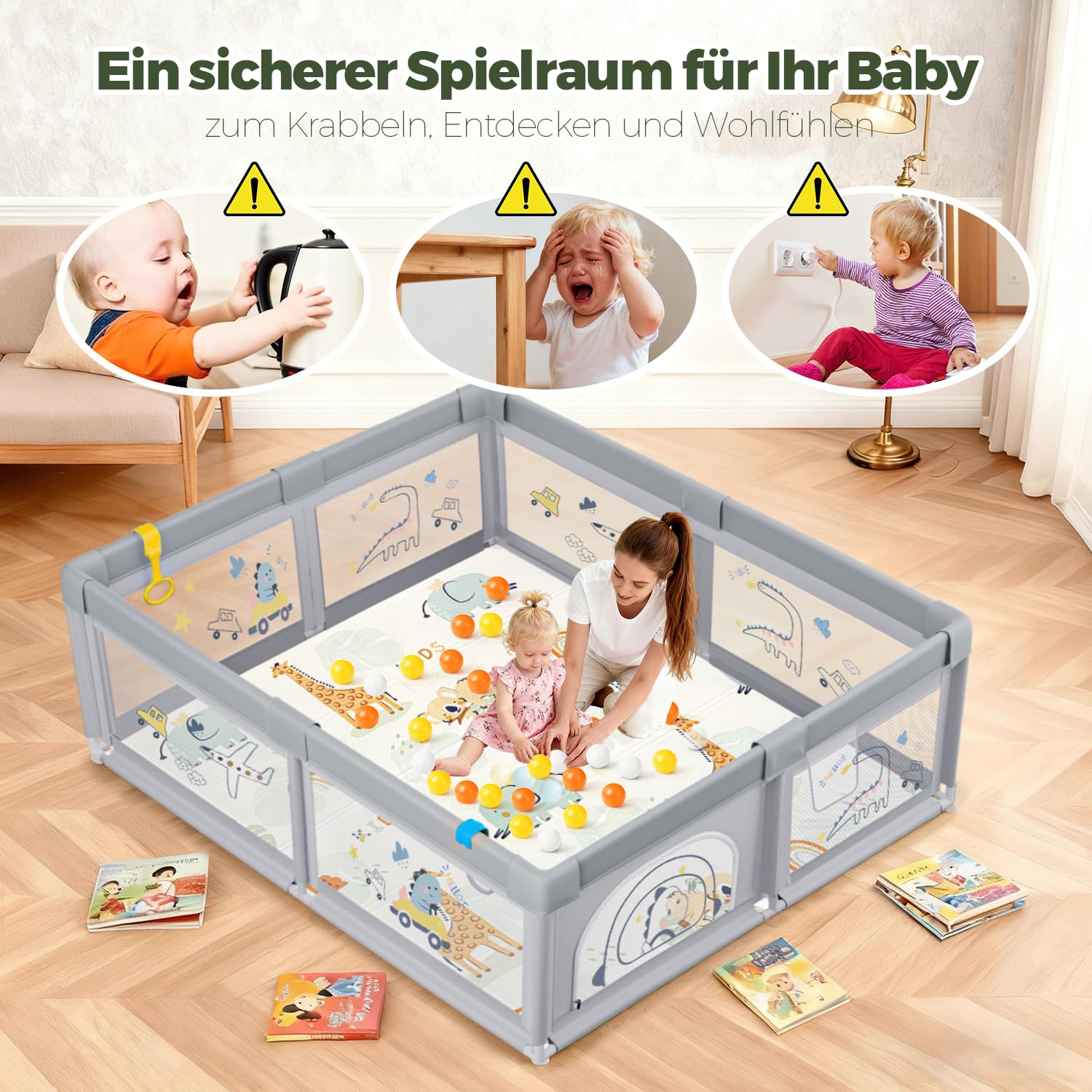 Box Bambini 150X180cm Con Materasso, XL Con Fondo Antiscivolo E Rete Traspirante, Tessuto Oxford 210D, Parco Giochi Per Bambini, Playpen, 60 Palline, 4 Manici