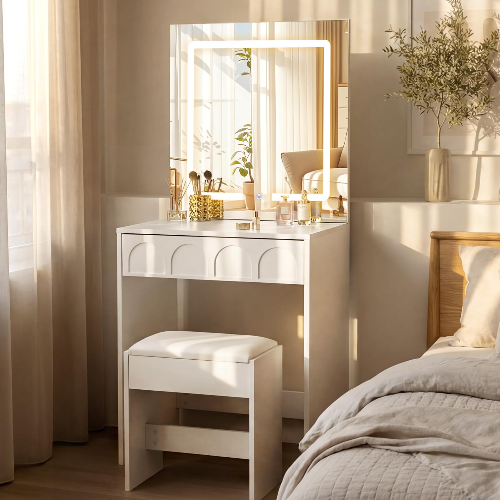 LEMROE Dressing Table with Rectangular LED Mirror and Stool, Compact Small Vanity Table Set with Vacuum-Formed Drawer for Small Spaces, White Makeup Desk for Bedroom, Modern (White - Square Mirror)