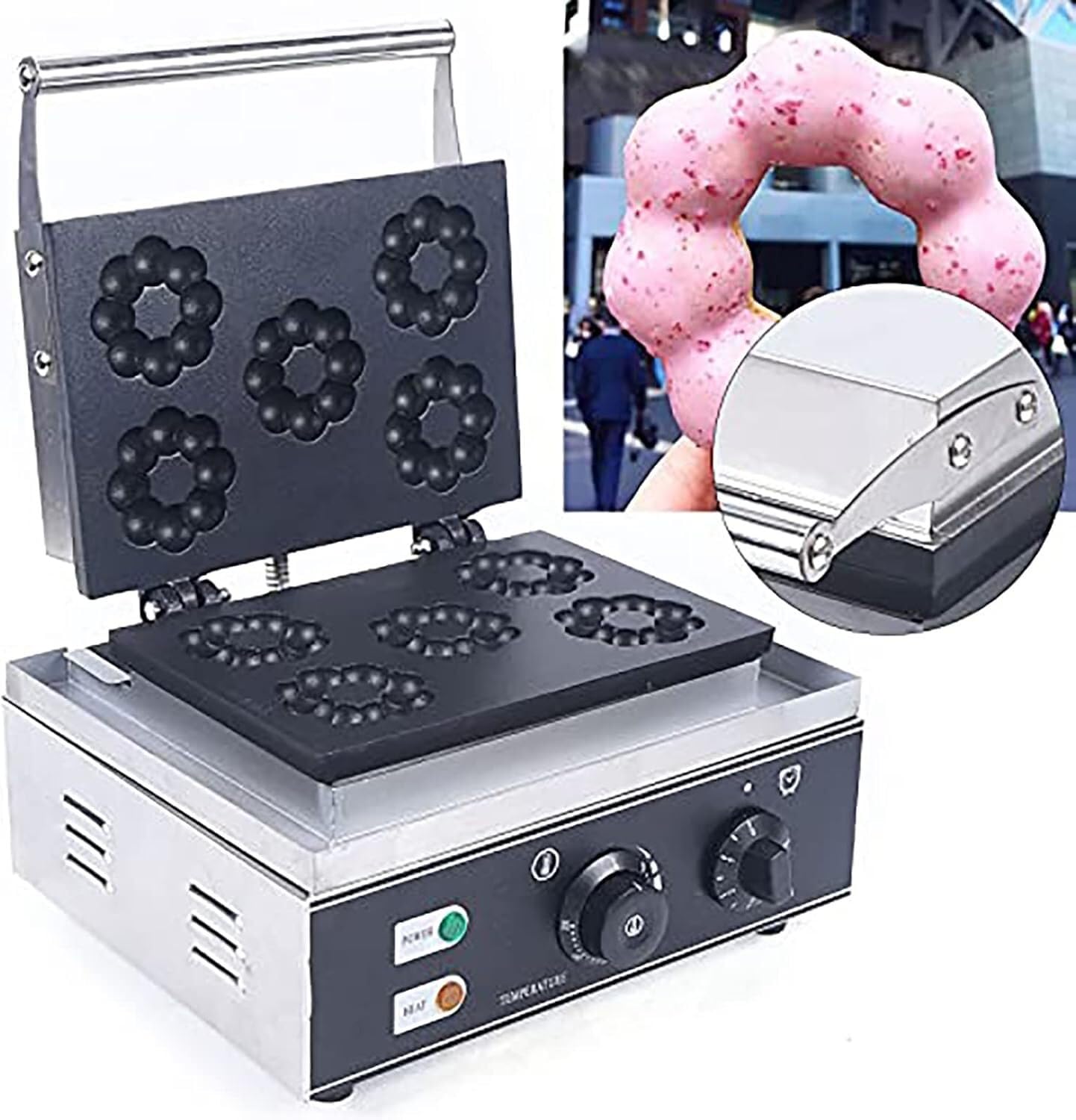 Máquina Comercial Antiadherente para Hacer donas y Waffles con Forma de Flor de Ciruelo, 5 Agujeros, Doble Cara, 1500 W, máquina eléctrica para Hacer donas para ho,