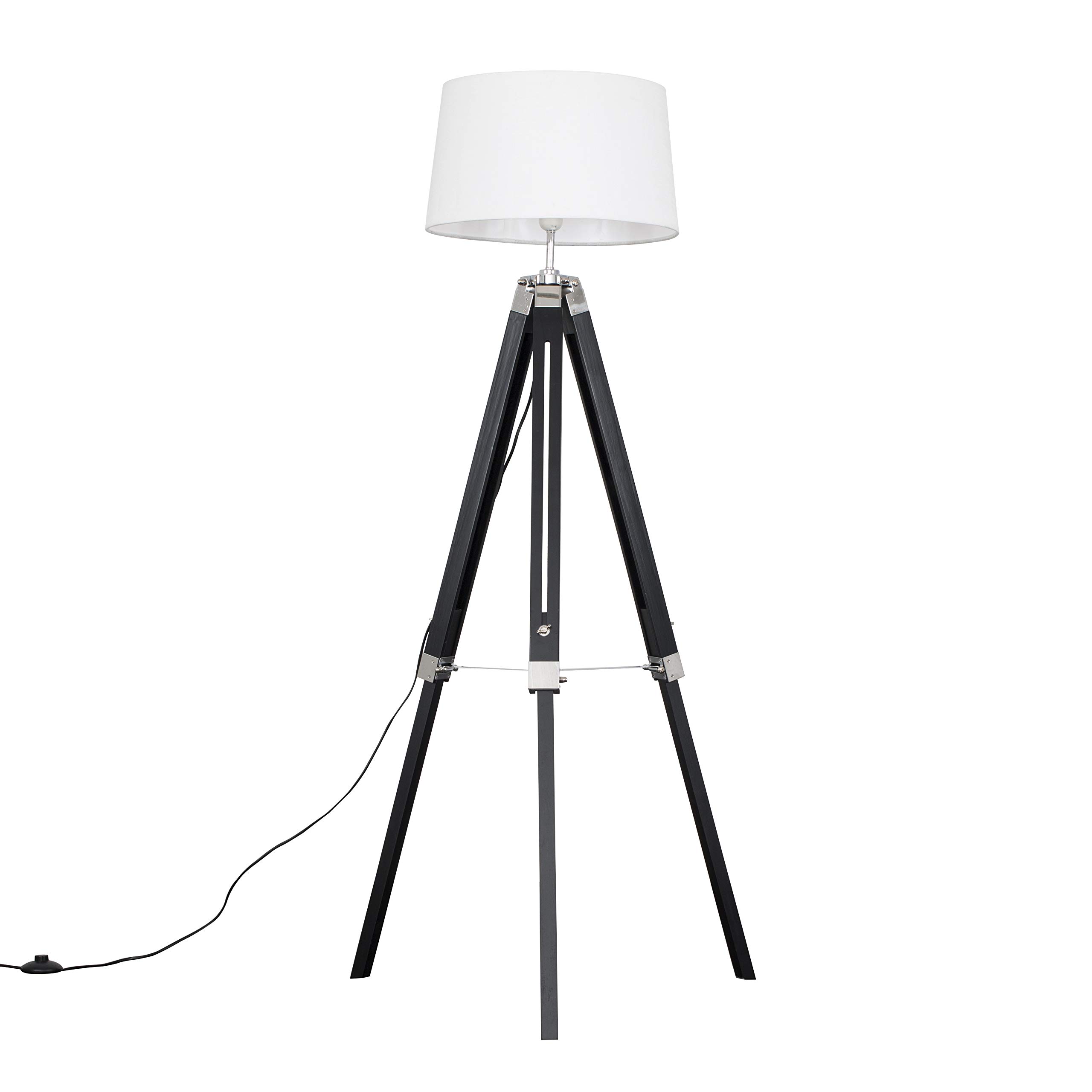 MiniSun | Modern Black Wood and Silver Chrome Tripod Floor Lamp with a White Tapered Shade | Floor Lamps & Torchieres, Home Décor & Improvement Essential | Includes Bulb [3000K Warm White]