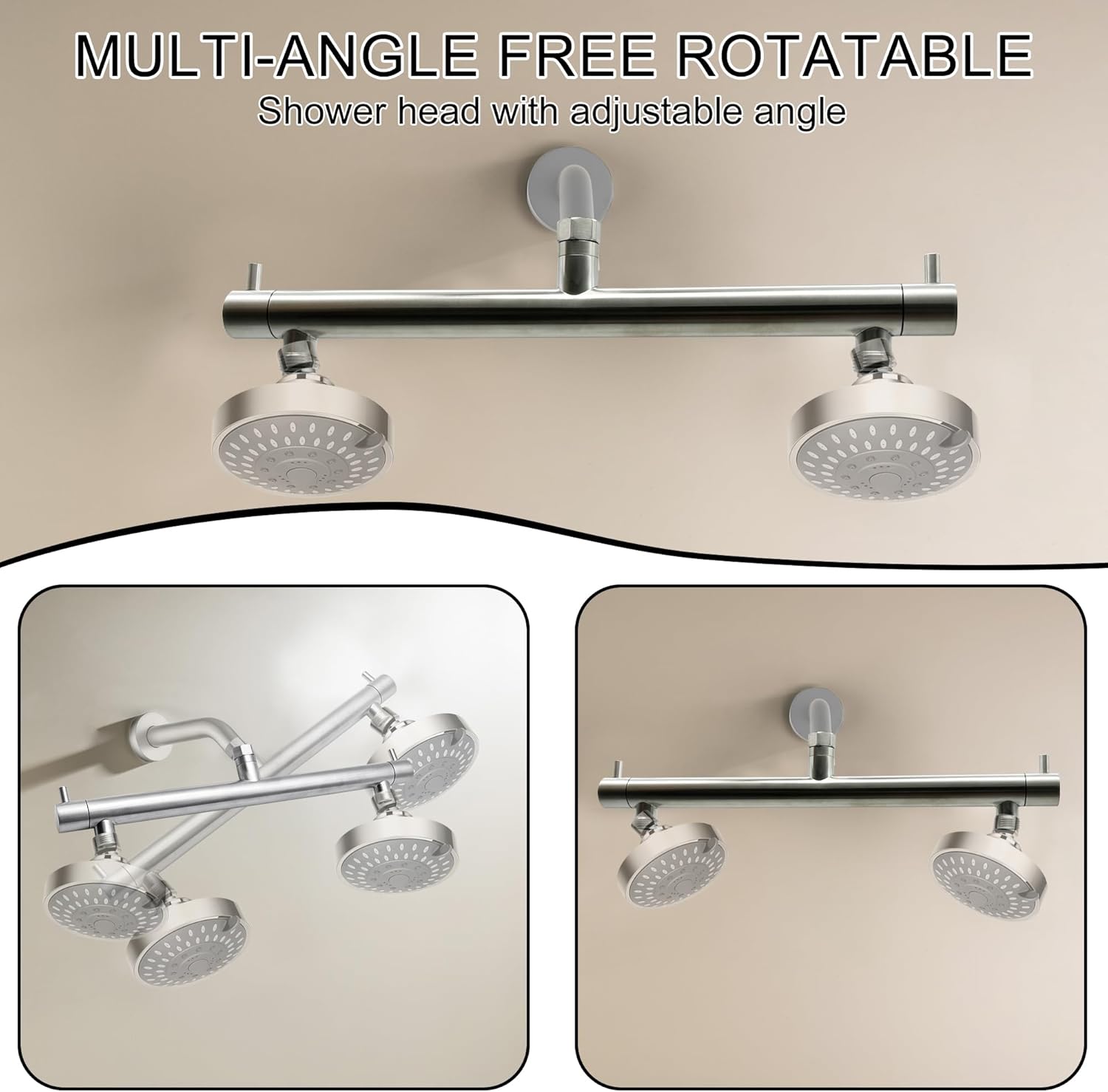 Brushed Nickel Double Shower Heads for Two People Rod Dual Shower Head Adapter with Shut Off Valve G1/2 Connection, for Rain & Handheld Shower Combo