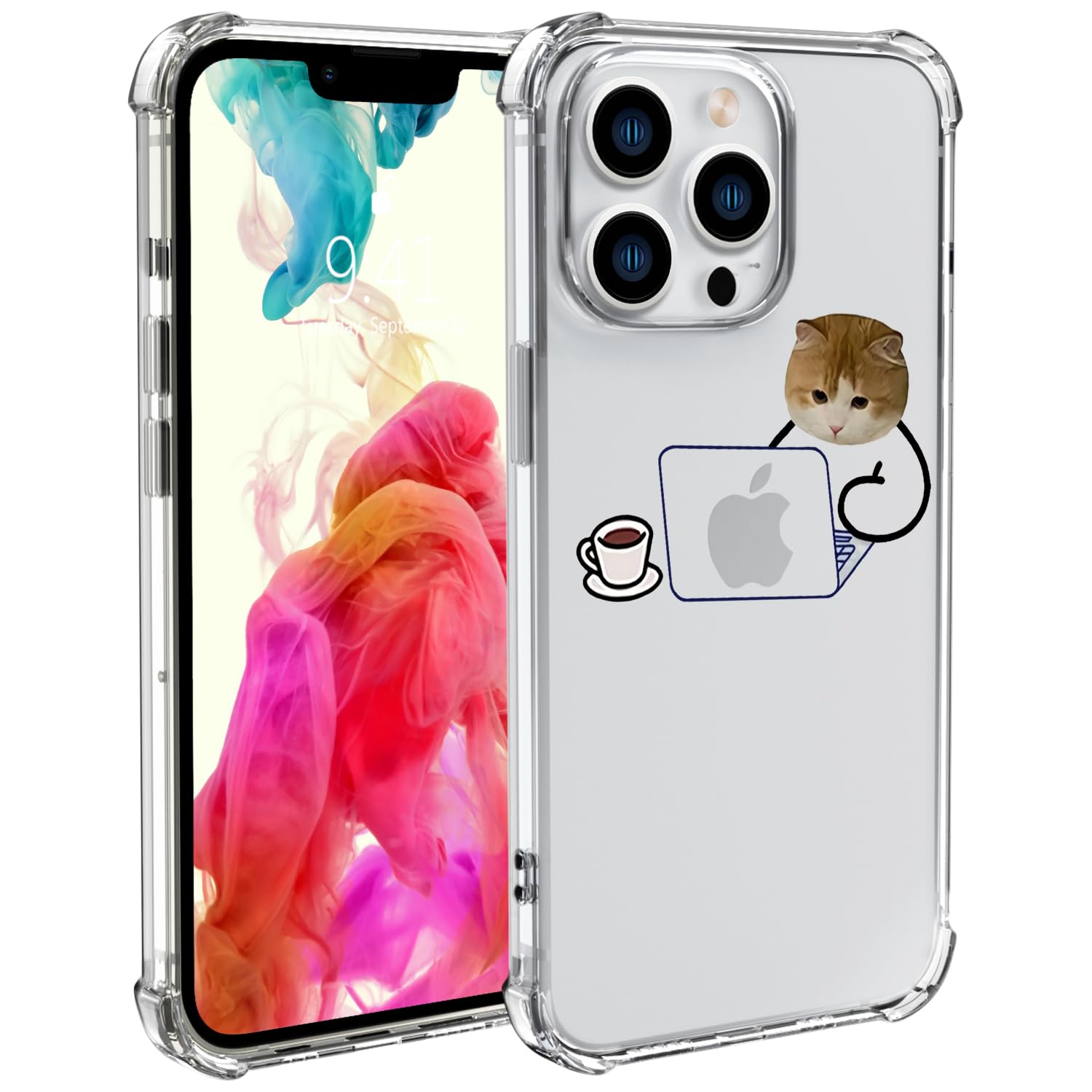 Wihytec Cute Cat Working Phone Case for iPhone 13 Funny Cat Case Cover Clear Phone Case w/Four Corner Reinforced Shockproof Girly Women Phone Cover Transparent Case