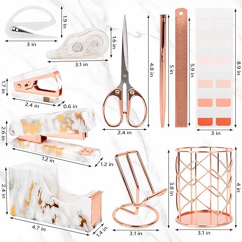 Miniatura 3 de Suministros de accesorios de escritorio de oficina, 14 piezas de decoración de escritorio de mármol de oro rosa para mujer, bonito kit de artículos