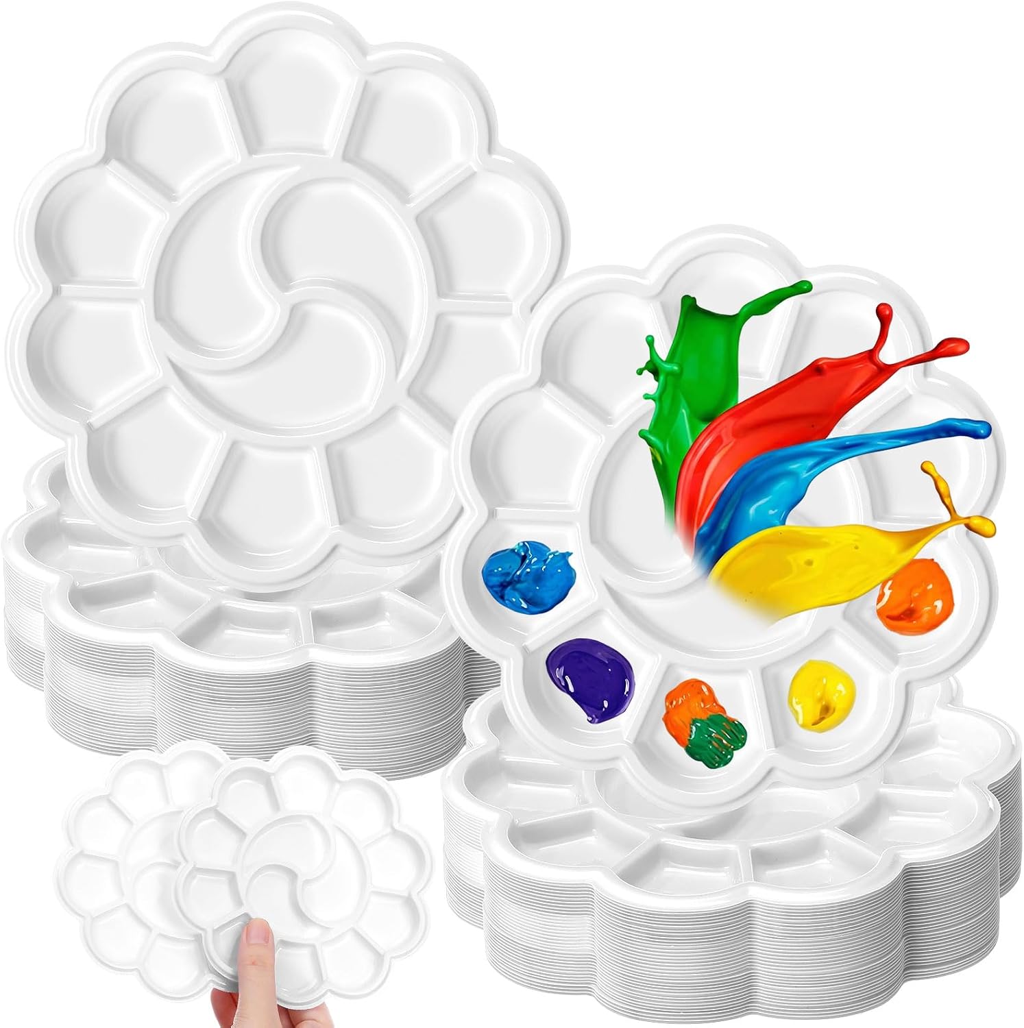 AmazingSpark 100 Pcs Paint Tray Palettes 5.5 in Disposable Round Plastic Paint Palette Bulk Watercolor Craft Supplies for Art Class, DIY Craft, Painting Party, Birthday Party (Plum Blossom)