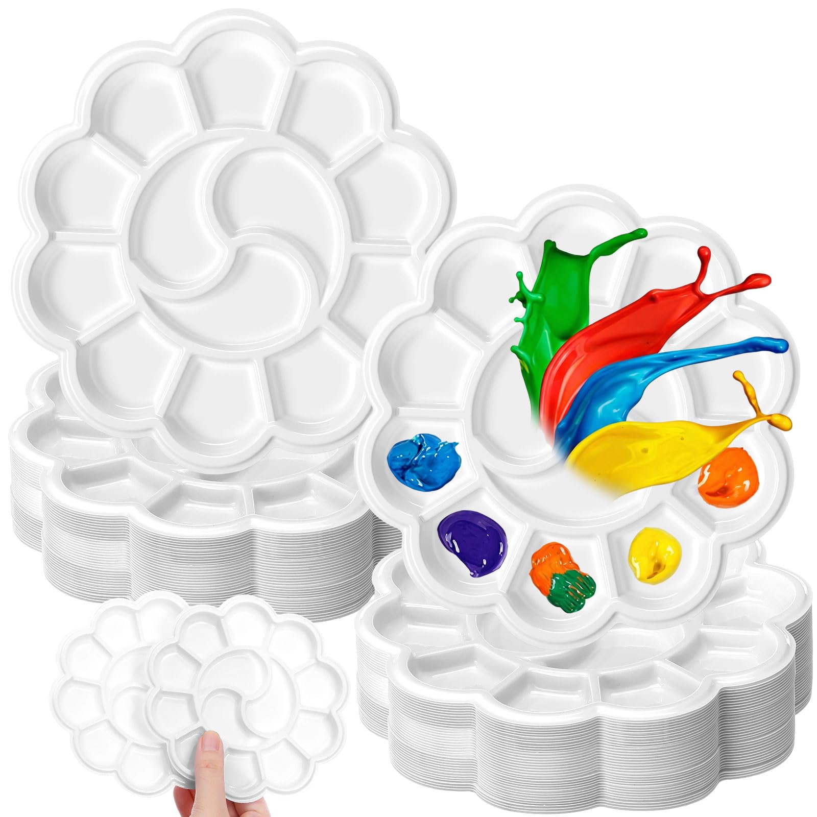 AmazingSpark 100 Pcs White Flower Shape Paint Tray Palettes 5.5 inch Disposable Round Plastic Paint Palette Bulk Watercolor Craft Supplies for Art Class, DIY Craft, Painting Party, Birthday Party