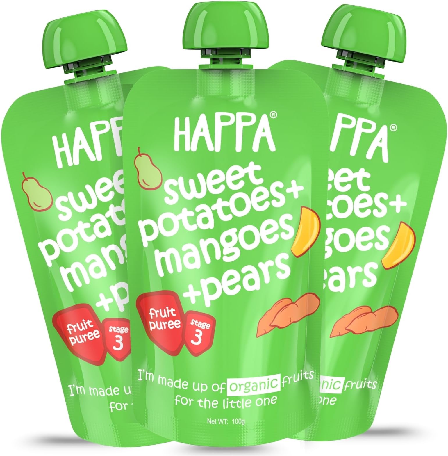 Organic Baby Food Sweet Potato Mango and Pear Puree | 100% Fruits and Vegetables | No Added Sugar, No Milk Powder, No Preservatives | Stage 3 (8 Months+) | Ready to Eat | Free from Common Allergens | Pack of 3 (100g Each)