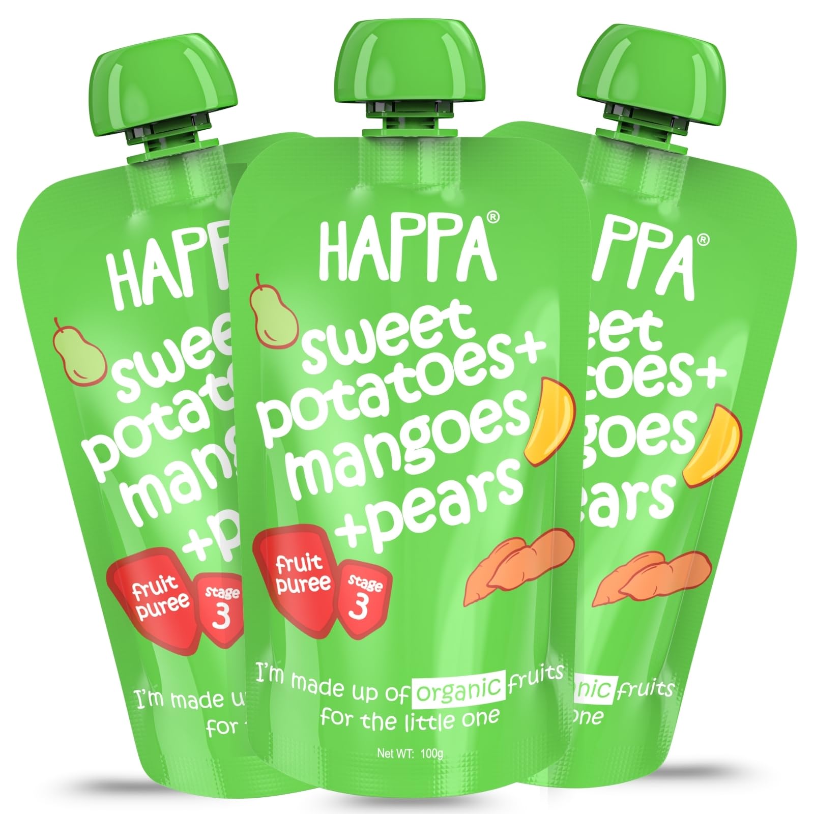 Happa Organic Baby Food Sweet Potato Mango and Pear Puree | 100% Fruits and Vegetables | No Added Sugar, No Milk Powder, No Preservatives | Stage 3 (8 Months+) | Ready to Eat | Free from Common Allergens | Pack of 3 (100g Each)