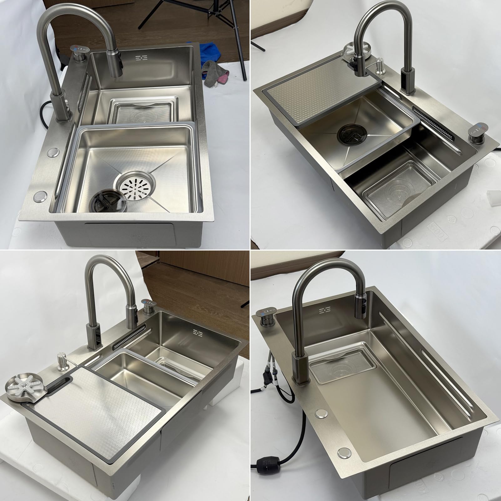 Lavello da cucina a cascata, 90 x 50 cm, con indicatore della temperatura, in acciaio inox 304 spazzolato, lavello multifunzione con manopola, dispenser di sapone, lavello per bicchieri, tagliere e