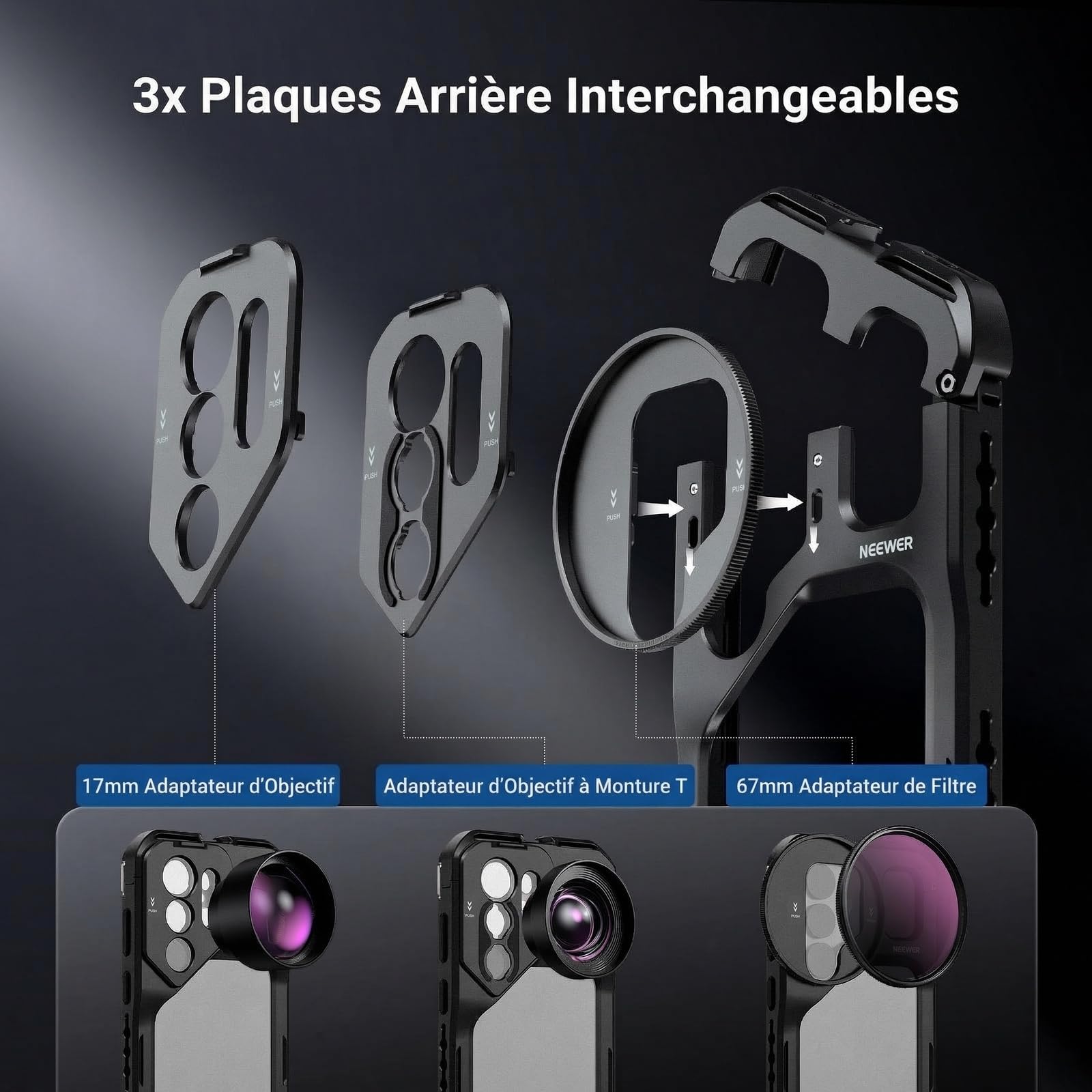 NEEWER S26 Ultra Cage Téléphone,Kit de Stabilisation Vidéo Mobile pour Vlog avec 3 Plaques Arrière pour Filtre 67mm,Objectif 17mm& à Monture T,Compatible Uniquement avec Samsung Galaxy S26 Ultra,PA182