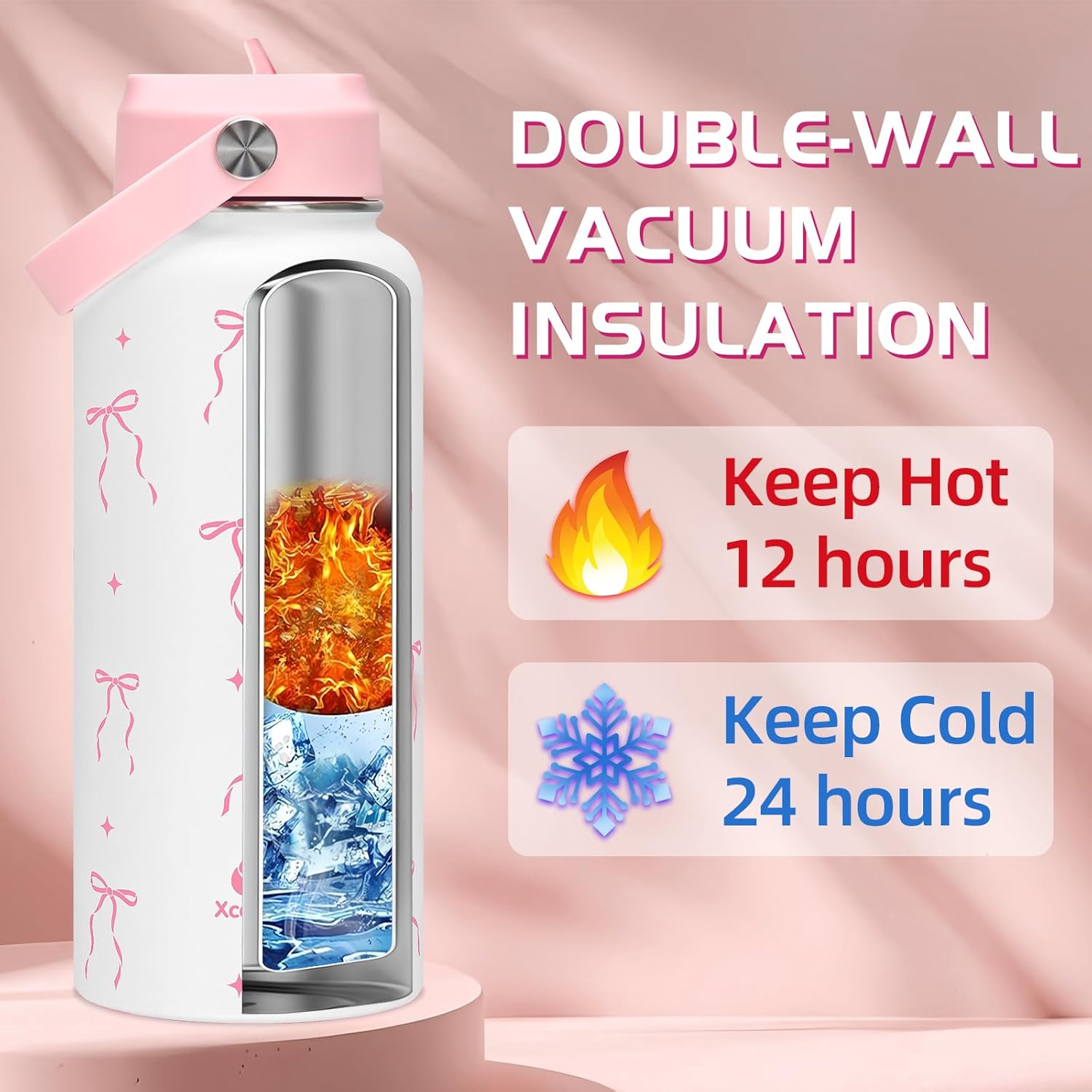 32 oz Insulated Water Bottle with Lid,Pink Bow Stainless Steel Water Bottl with Flip Straw and Handle,Gifts for Women Girls Teens Birthday Christmas,Leak Proof Cute Metal Water Bottle - Image 2