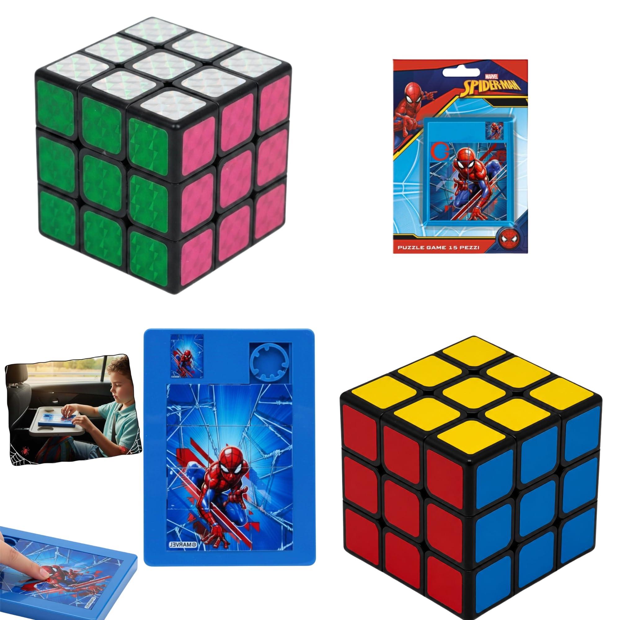 1x Random Magic Cube Puzzle + Spider-Man Sliding Puzzle Bundle, Brain Teaser Fidget Toy, Christmas Birthday Stocking Filler Gift — image 1