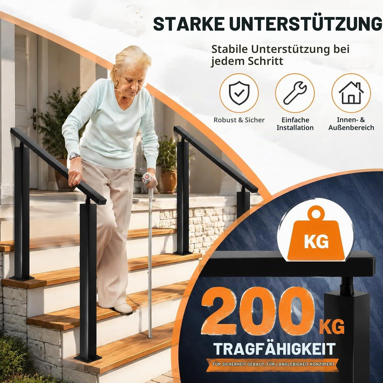 Treppengeländer Außen, Handlauf Schwarz, Winkelverstellbar, Geländer Treppe, Geländer außen, Metall Treppengeländer für Treppen Brüstung Balkon Veranda (Vertical mounting)