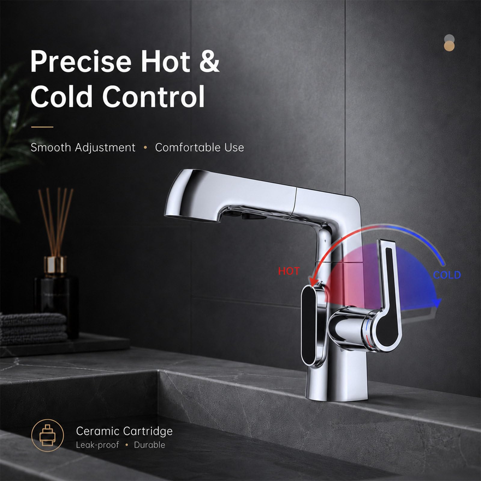 Grifo Lavabo Extraíble de Baño, Grifo de Altura Regulable con 3 Modos de Chorro, Mezclador Giratorio 360° de Latón Monomando, Agua Fría y Caliente, con Latiguillos Incluidos