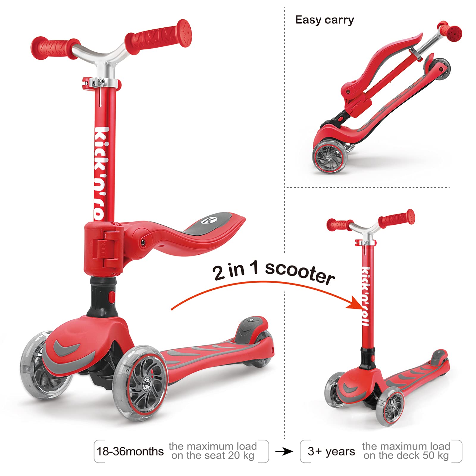 Kicknroll Kinderstep 3 jaar, kinderstep 2-in-1 met zitting, opvouwbare glijbaan, 4 verstelbare hoogtes, 3 led-wielen, driewieler, speelgoed voor peuters, jongens en meisjes van 3-8 jaar