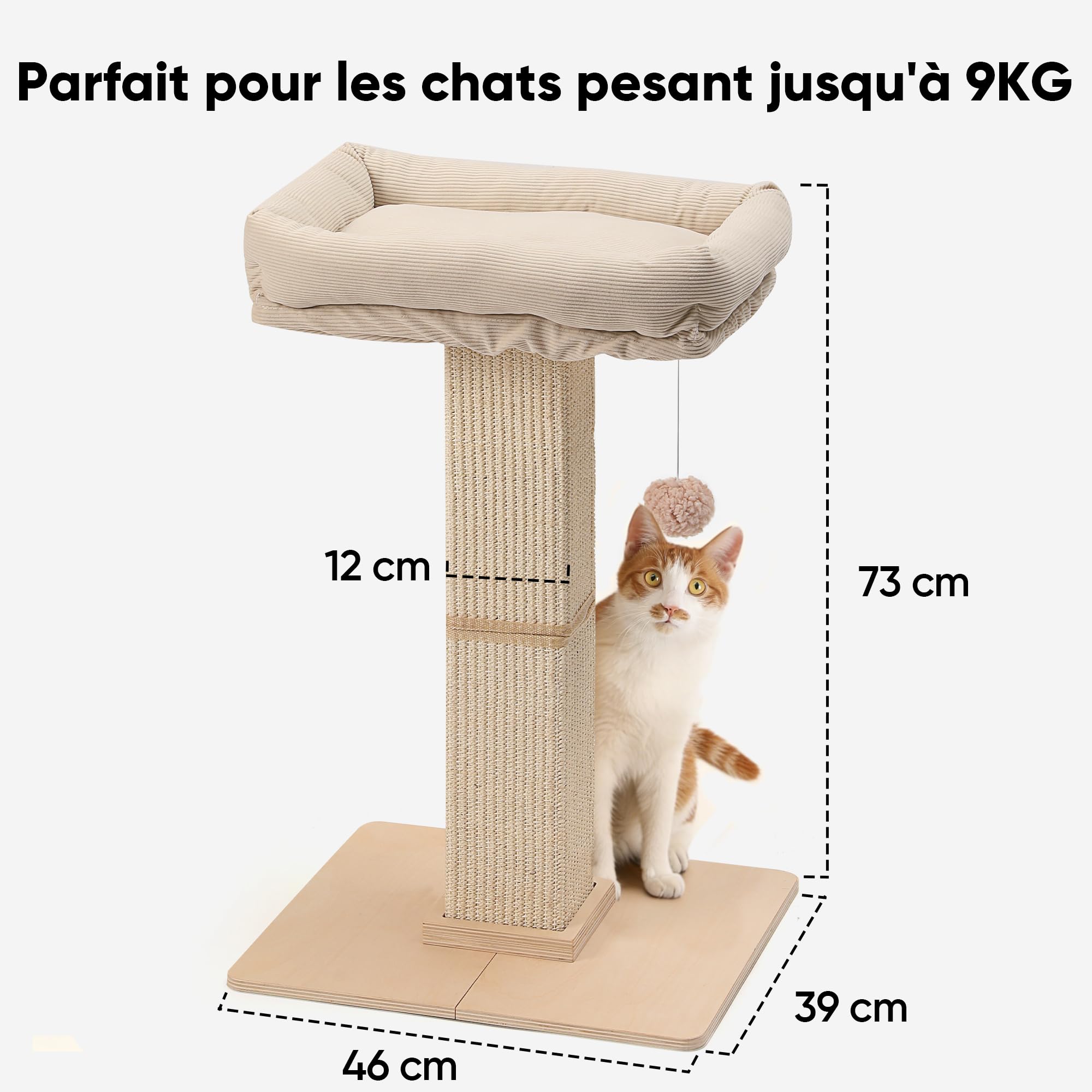 FUKUMARU Arbre à Chat, Style Rétro avec Perchoir pour Chats d'Intérieur, Grande Tour à Gratter avec Lit, Griffoir pour Chat Sisal Naturel et Bois Massif, Beige
