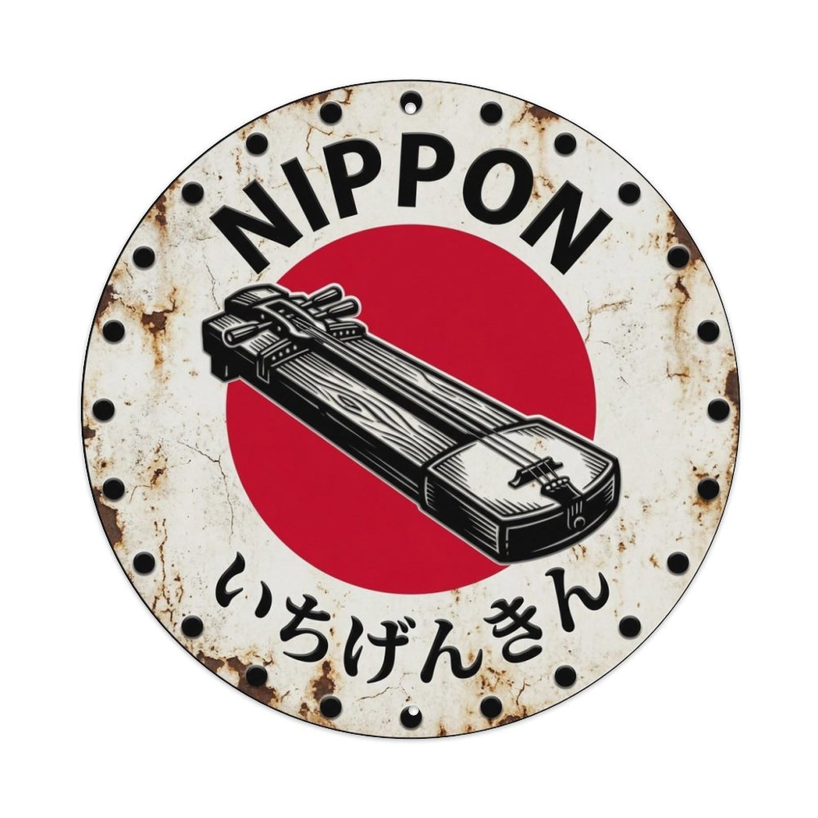Galvaxio Style Ichigenkin Zither Nippon One String Aged Metal Tin Sign