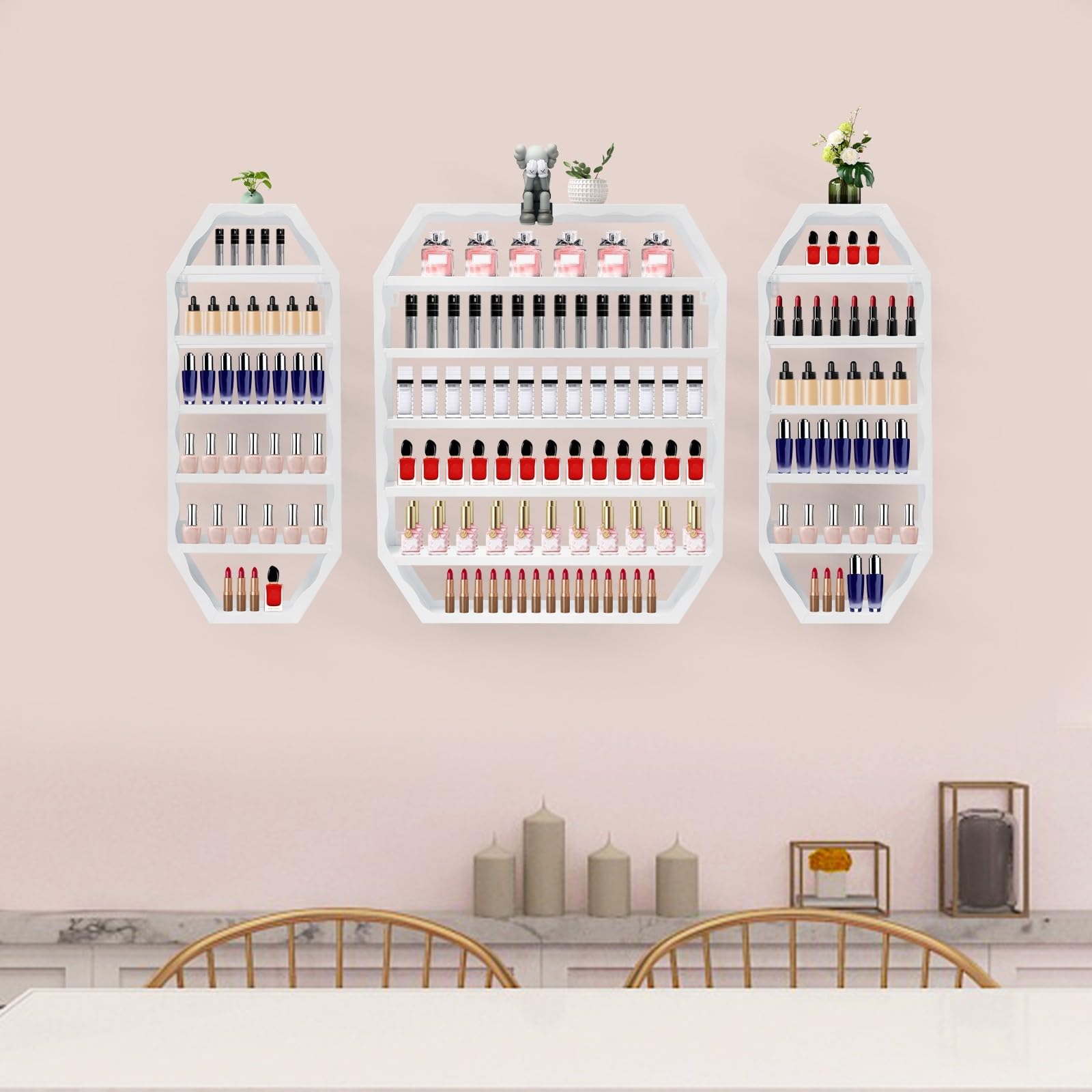 Étagère murale en métal pour vernis à ongles, rangement de vernis à ongles, étagère cosmétique, 3 pièces, 60 cm, 72 cm, pour la maison et le salon de manucure (blanc)