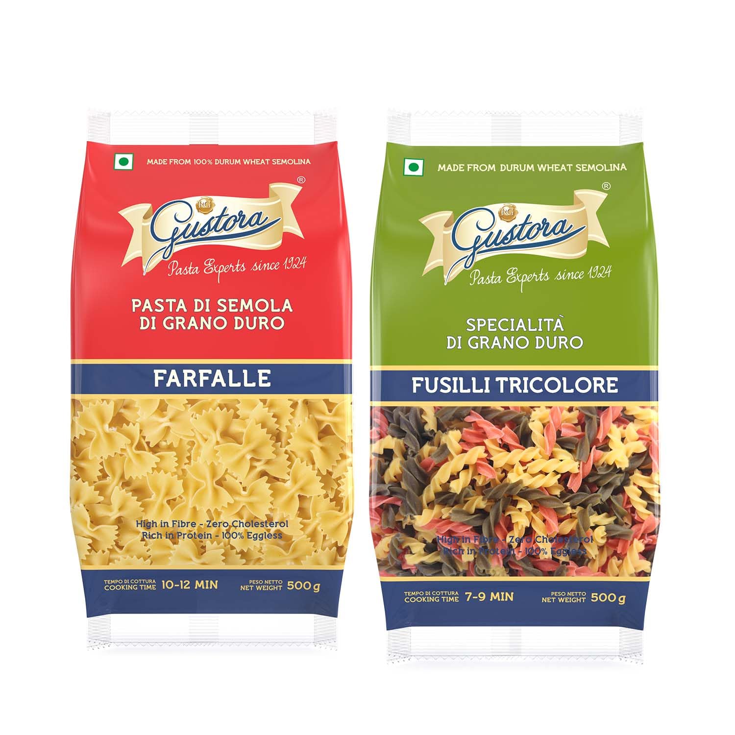 Gustora Healthy Farfalle & Fusilli Tricolore Pasta Combo Made Of Durum Wheat Semolina I Rich In Protein & Fibre I Zero Cholesterol I Vegetarian I No Trans - Fat I Cooking Time 10 Min - (500 Gm X 2)-image-28