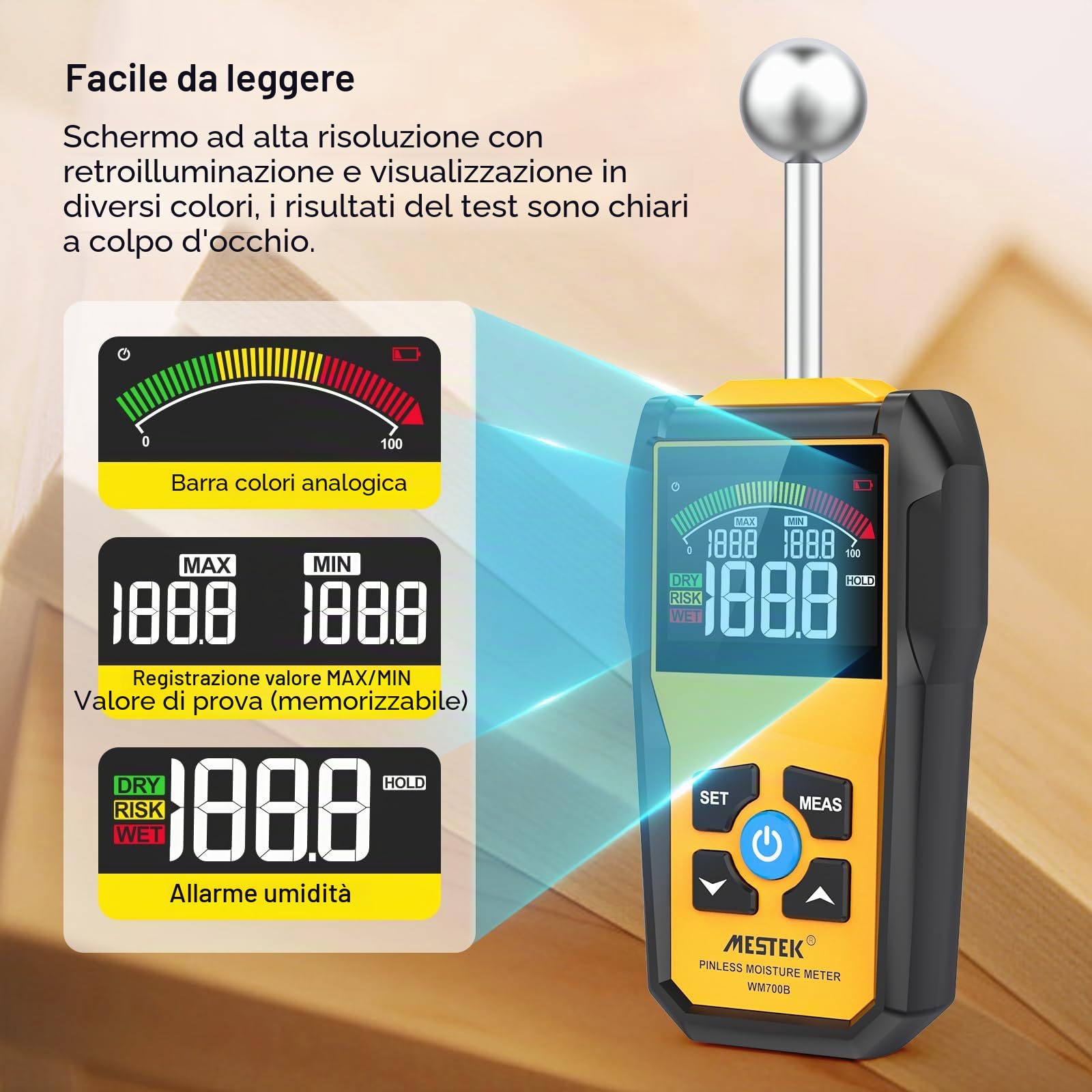 Misuratore di Umidità MESTEK Indicatore di Umidità 20-40mm Rivelatore di Umidità Igrometro Senza Ago Digitale LCD Display Allarme per Legni, Parete, Pavimenti, Legno, Gesso, con Batteria, Giallo