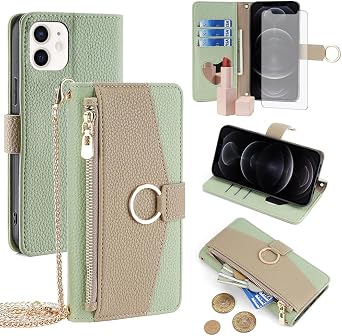 Asuwish Phone Case for iPhone 12 Pro iPhone12 6.1 Wallet Cover with Screen Protector and Mirror Flip Cover Ring Card Holder Crossbody Strap Stand Cell iPhone12pro 5G i 12s 12pro Women Girls Green
