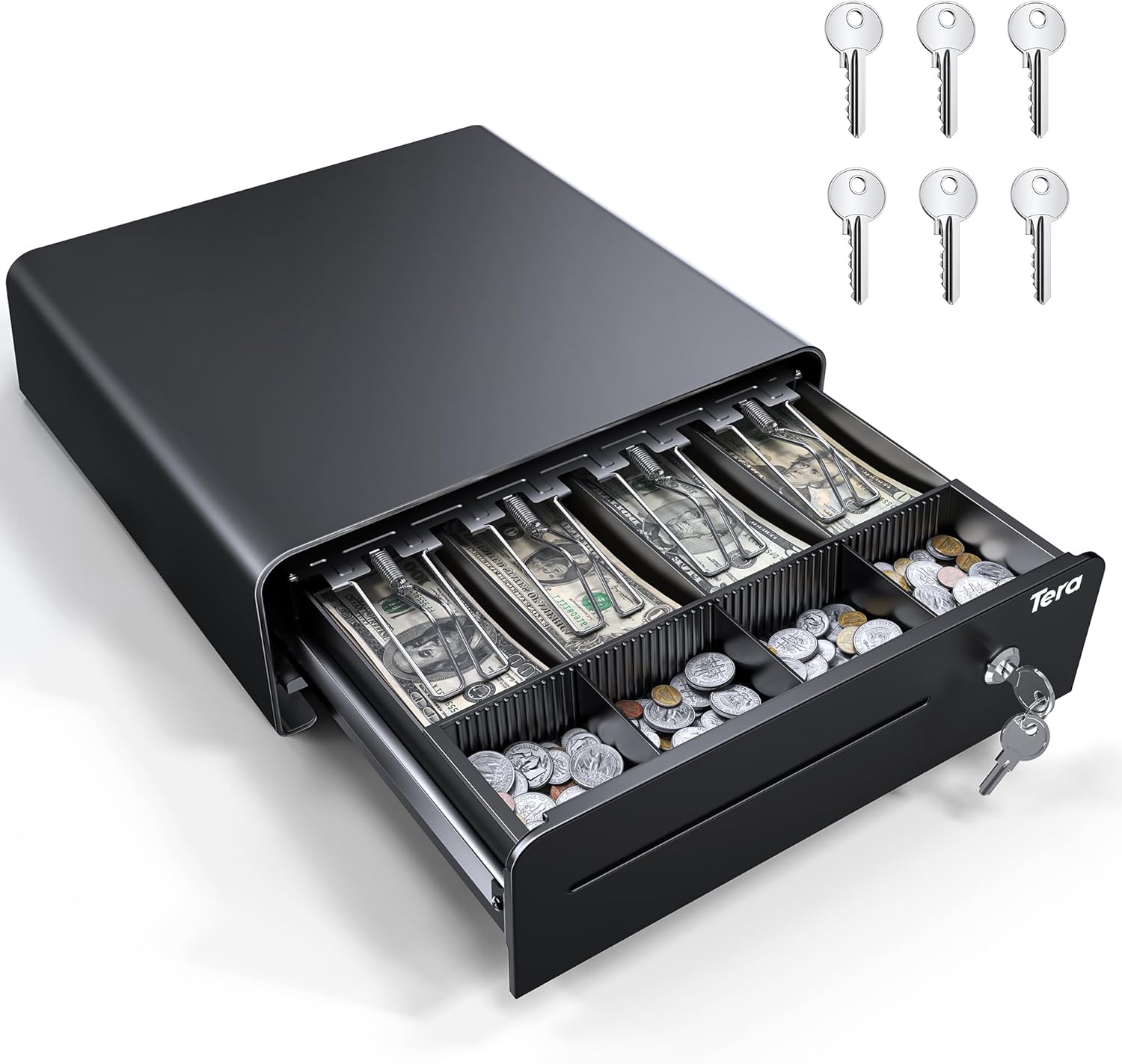 Tera Cash Register Drawer 13": for Point of Sale (POS) System with 4 Bill 4 Coin Cash Tray Removable Coin Compartment 24V RJ12 Key-Lock with 6 Keys Media Slot for Stores Shops and Businesses 335R
