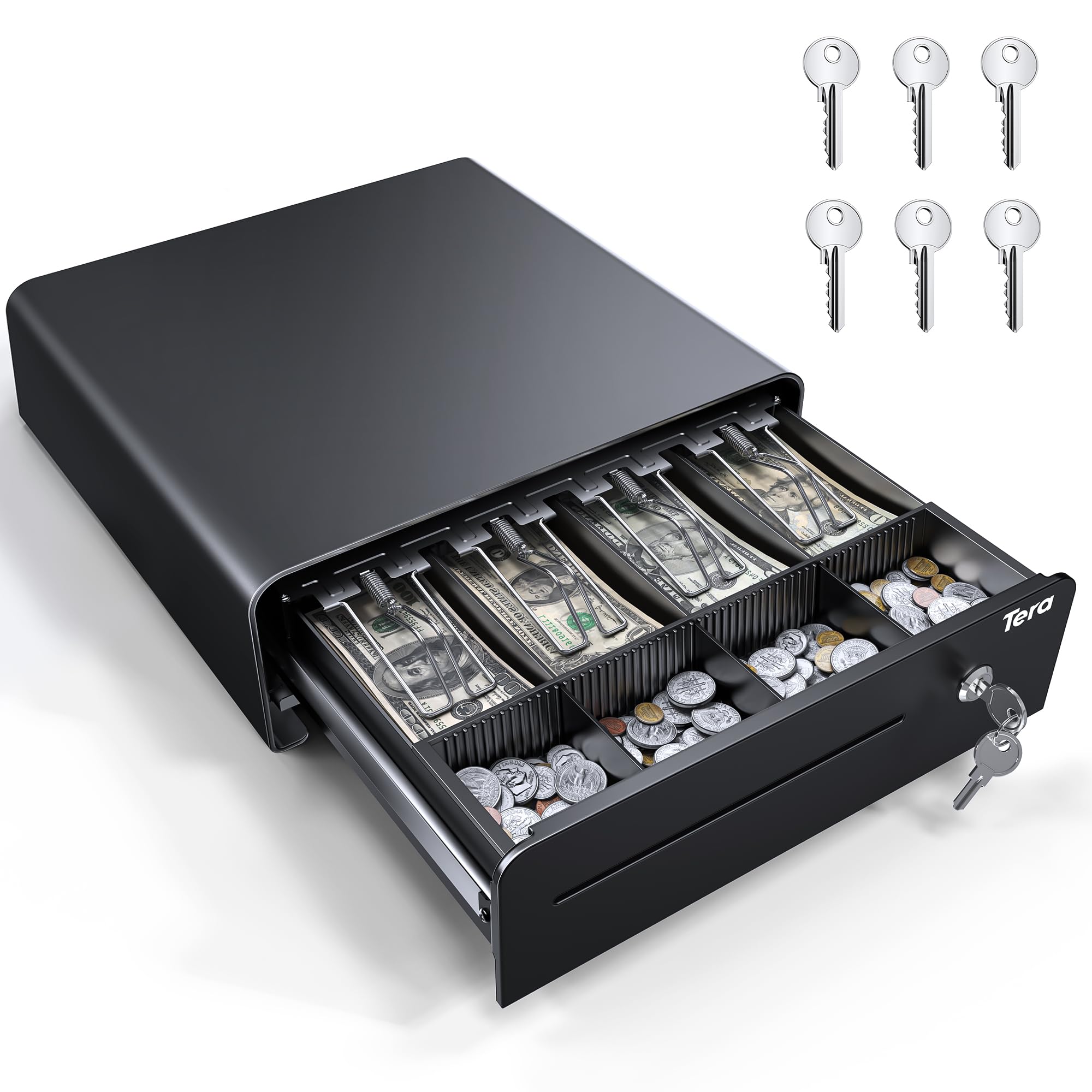 Tera Cash Register Drawer 13 inch: Auto Open with 6 Keys Heavy Duty 4 Bill 4 Coin Removable Cash Tray Media Slot 24V RJ12 Key-Lock Round Corner for POS System Small Businesses Retail 335R Black