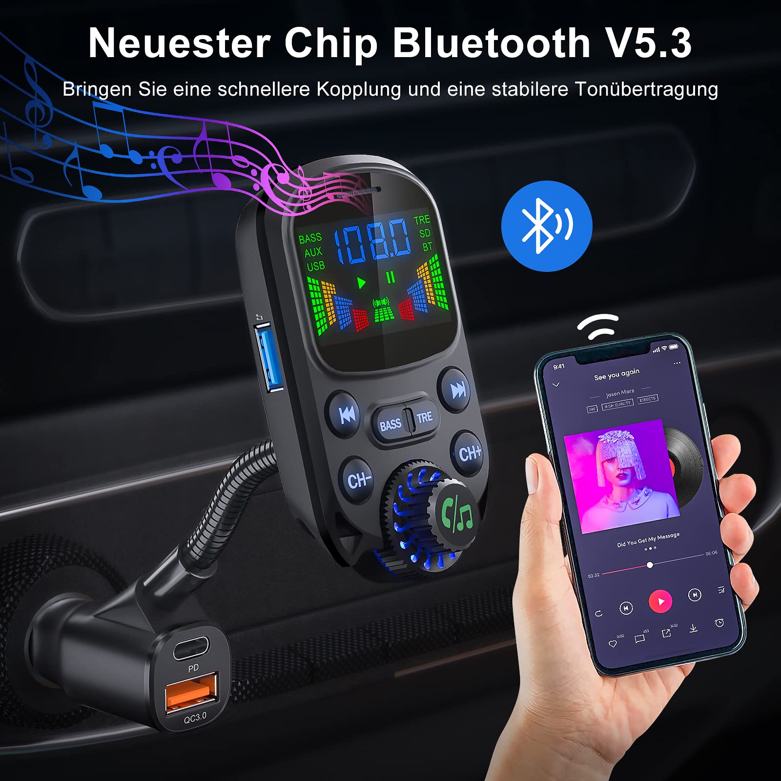 Bluetooth 5.3 FM Transmitter für Auto - 30W Dual USB Ladegerät mit QC3.0 & PD3.0, Kfz Radio mit Freisprechanlage und Höhen- und Bassanpassung, unterstützt U Disk/TF Karte/AUX