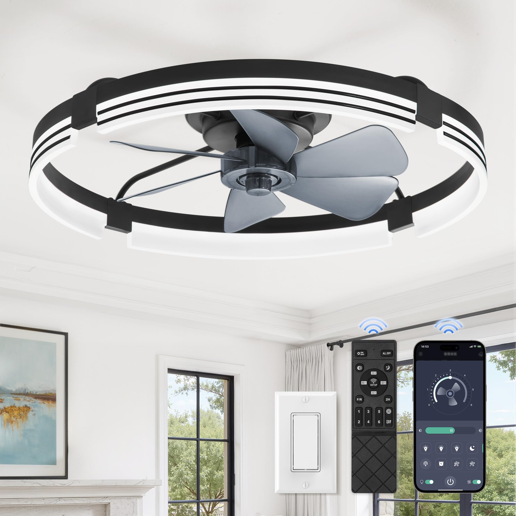 Photo 1 of ***BROKEN PARTS*** ZMISHIBO 24 Inch Low Profile Ceiling Fans with Lights and Remote, 3000K-6000K Dimmable Fandelier LED Fan Light, Flush Mount Ceiling Fan with Light, 6 Wind Speeds Ceiling Fans for Bedroom- Black